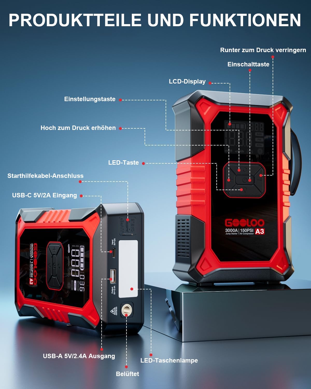 GOOLOO A3 Starthilfe Powerbank mit Kompressor, 3000A 150PSI Spitzenstrom Starter Powerbank für 12V Fahrzeuge(Bis zu 9.0L Benzin/6.5L Diesel), Tragbare Auto Starthilfe mit Digitale und LED