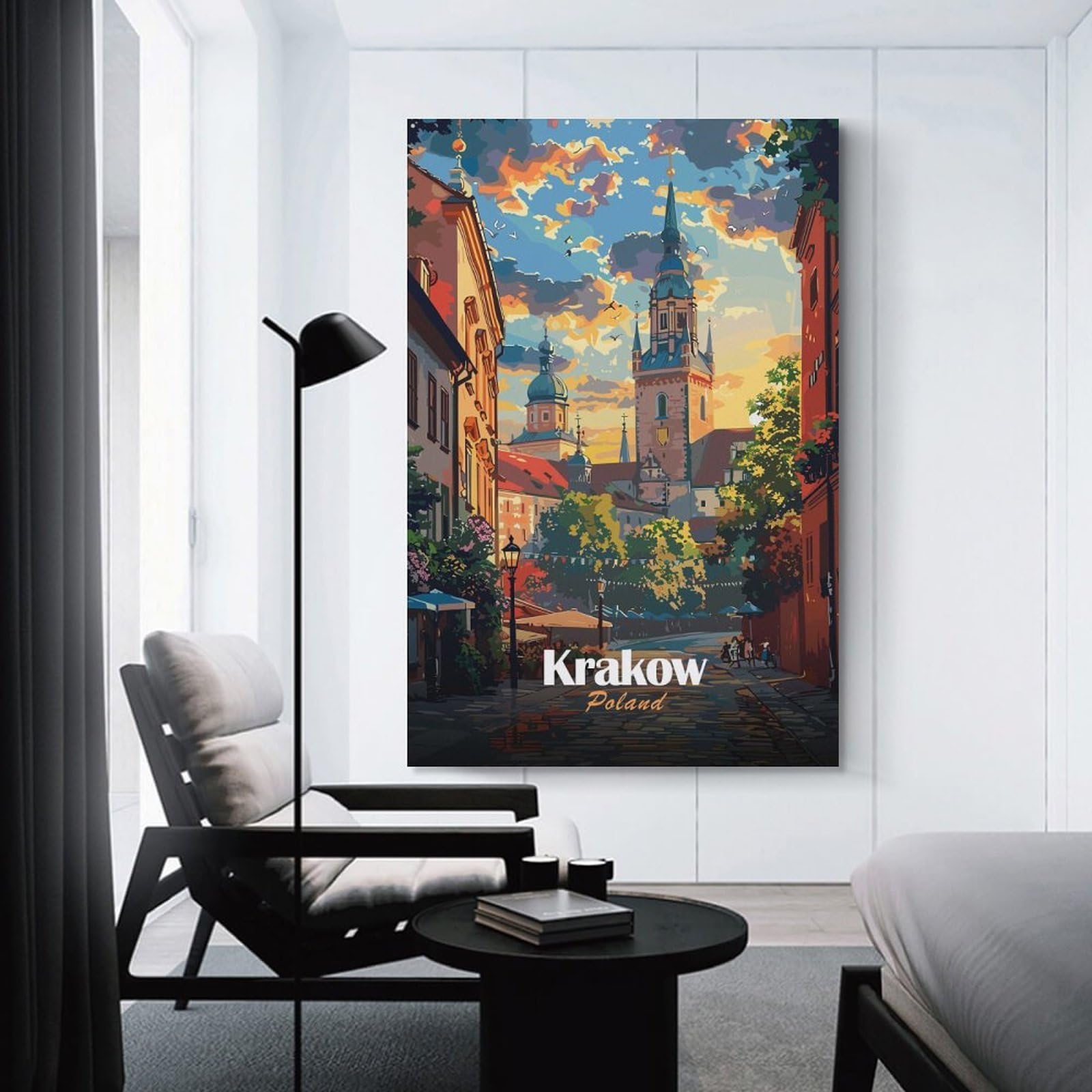 Junmoney Krakow, Poland Cityscape Illustration Wall Art Print, 16x24inch(40x60cm), for Office, Study Or Home Workspace, Decorative Artwork for Productive Spaces