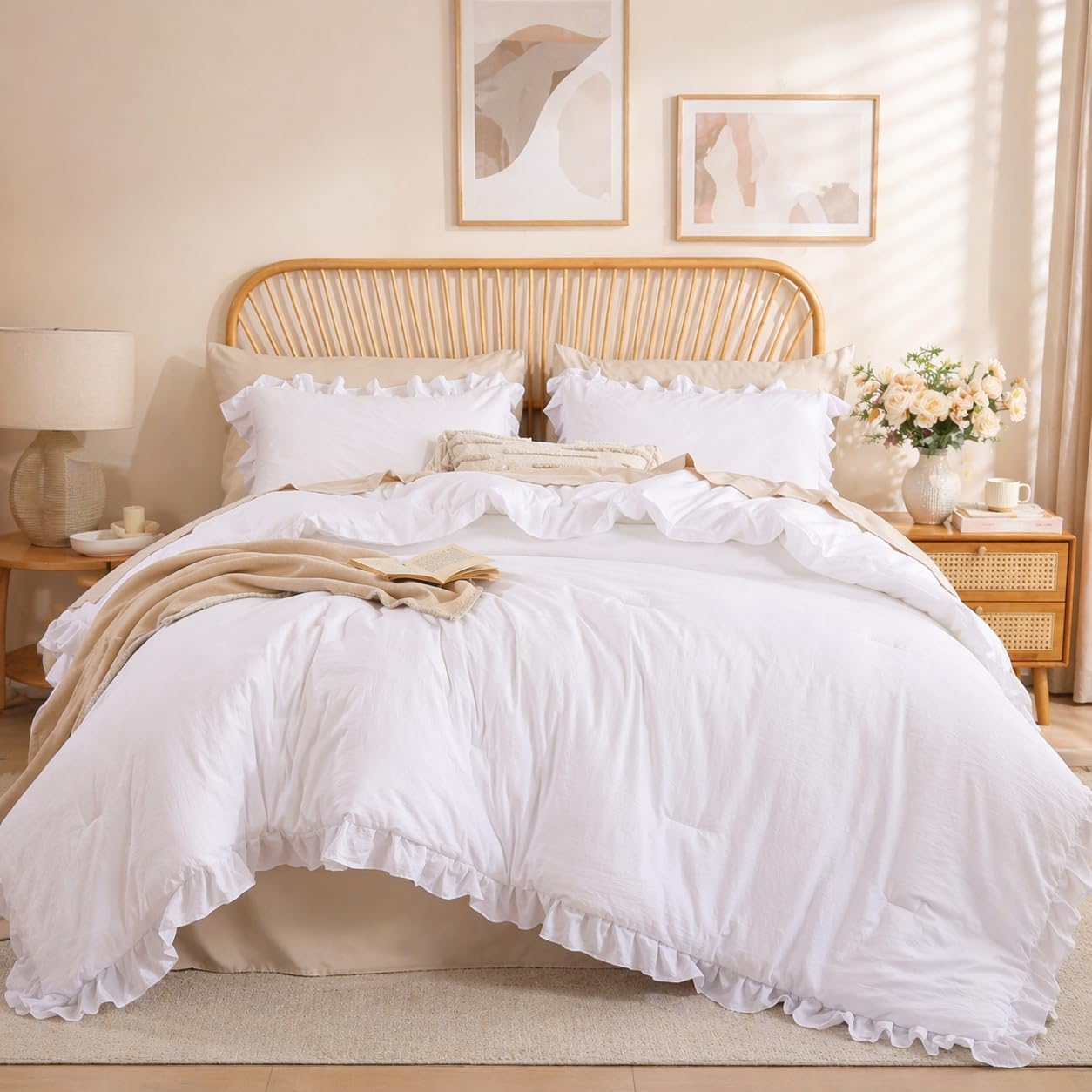 JANZAA Queen Comforter Set White Comforter 3PCS (1 Ruffle Comforter and 2 Pillowcases) Vintage Farmhouse Shabby Chic Bedding Soft Fluffy Bed Set Queen All Season