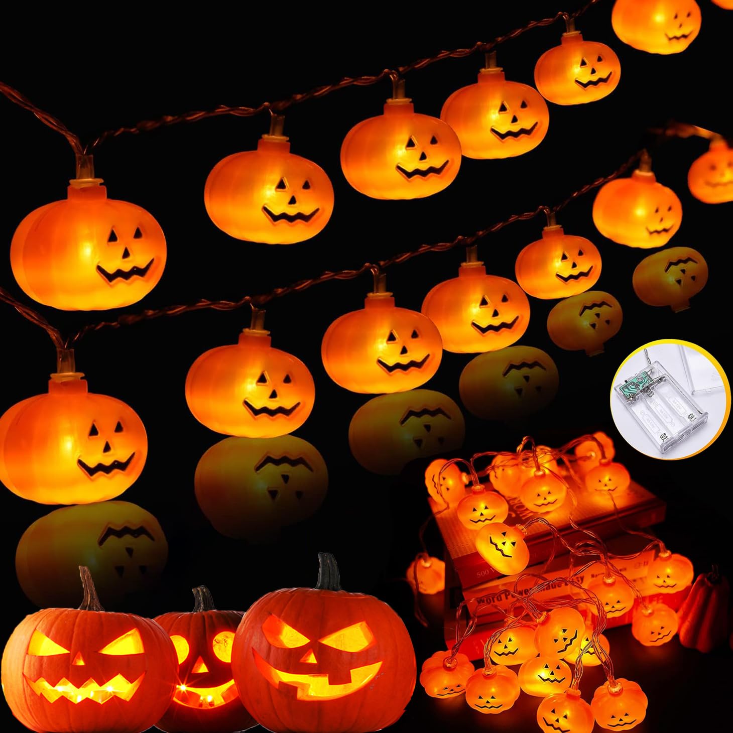 Halloween Pumpkin String Lights 30 LED 14.76ft 3D Waterproof Orange Jack-O-Lantern Battery Operated Lights, 2 Modes Steady/Flickering, Halloween Decorations Lights for Indoor Bedroom Outdoor Party