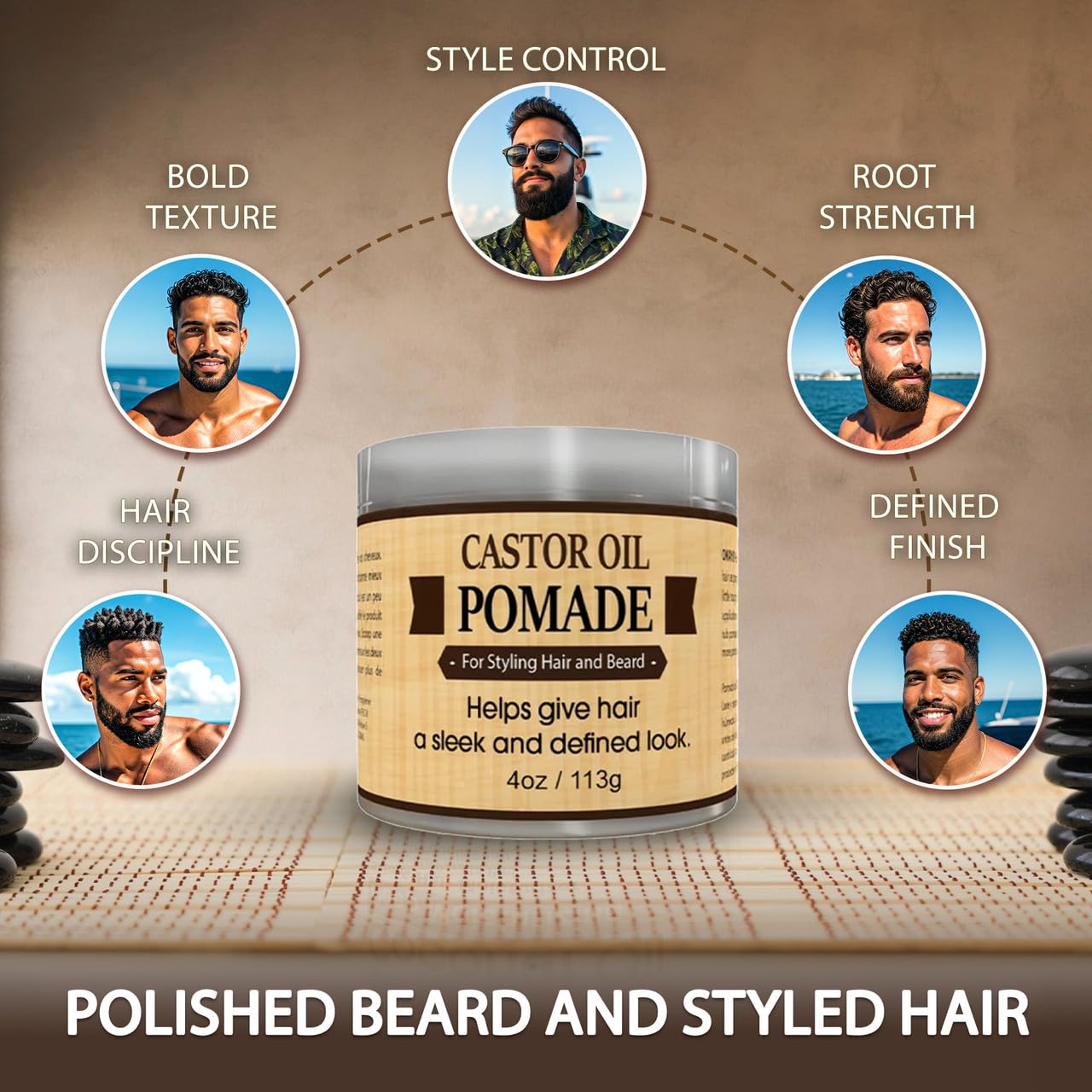 OKAY | Men's Castor Oil Beard and Hair Pomade | For All Hair Types & Textures | All Day Hold | Sleek, Defined Look | Free of Silicone & Paraben, Gray, 4 Oz