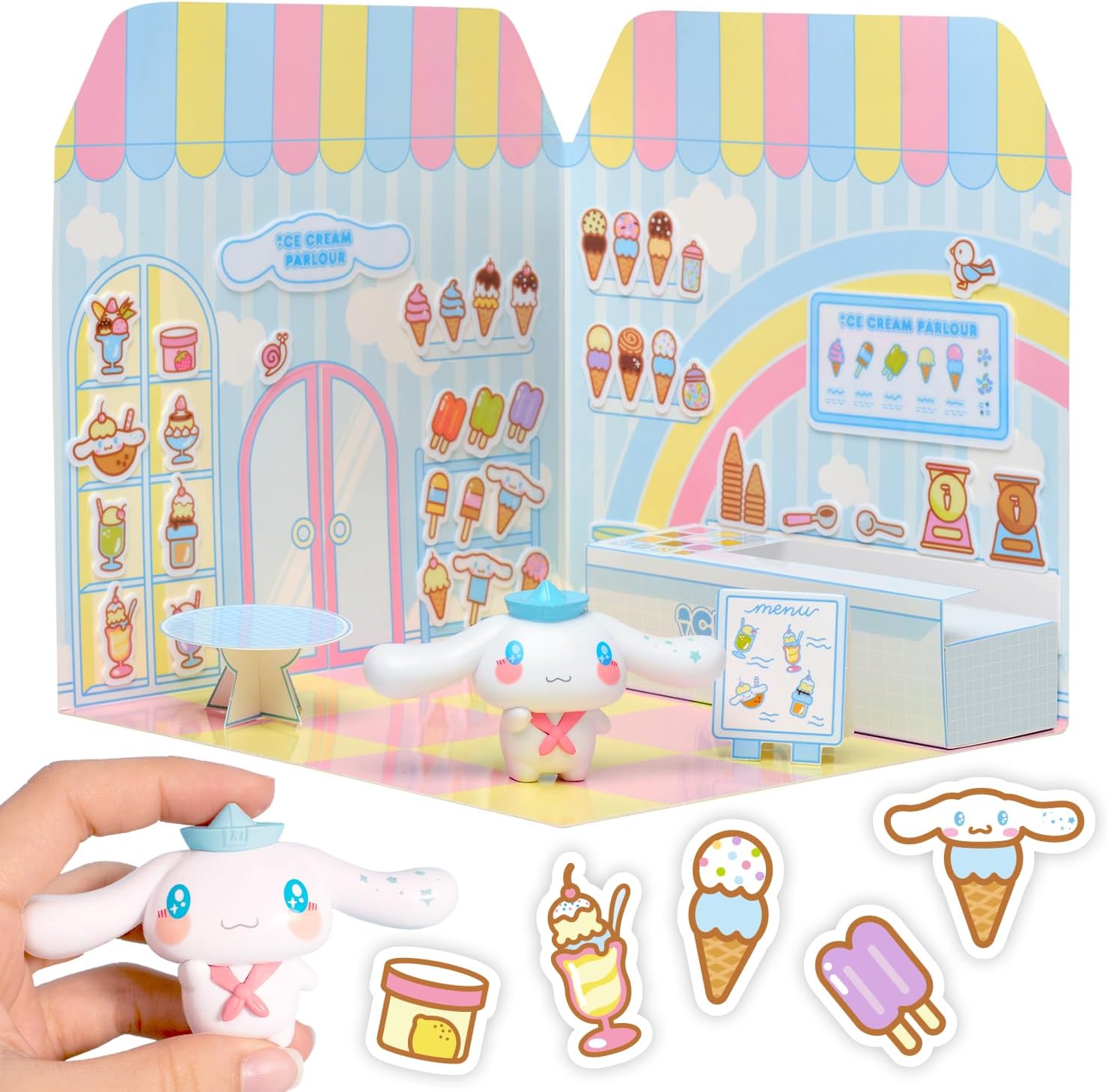 Playset Cinnamoroll Ice Cream Parlour 40+ Stickers and 6cm Figurine | 3D House Restaurant Reusable Stickers | Kawaii Foodcourt Sticker House | Comansi