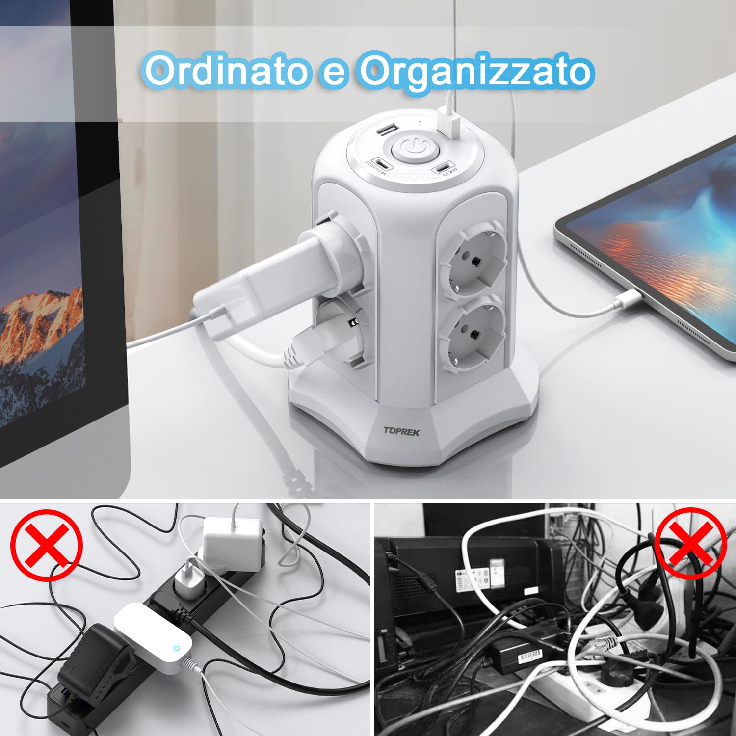 TOPREK Regleta Vertical con 8 Tomas Universales ITA 10/16A y Schuko y 2 USB C y 2 USB A (USB-C1 20W PD3.0 Carga Rápida), 4000W/16A, Regleta con Interruptor, Cable de 2M, Enchufe 16A, Blanco
