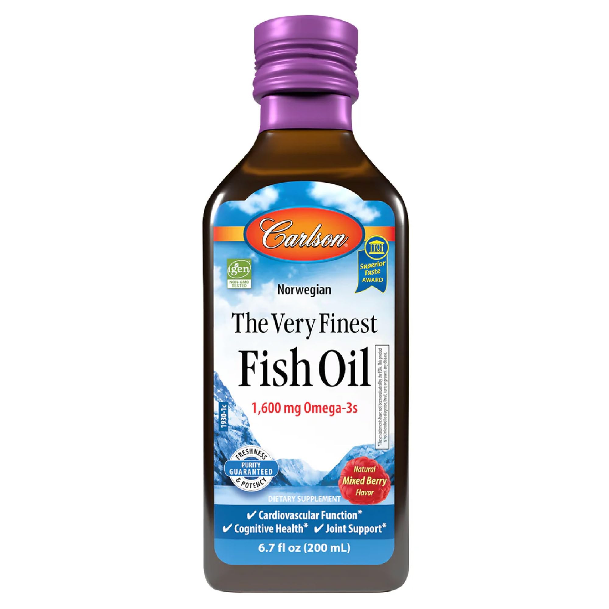 Carlson - The Very Finest Fish Oil 1600 mg Omega-3s Fatty Acids, EPA DHA & DPA Liquid Fish Oil Supplement, Norwegian Wild-Caught, Sustainably Sourced, Mixed Berry, 200 mL (6.7 Fl Oz)