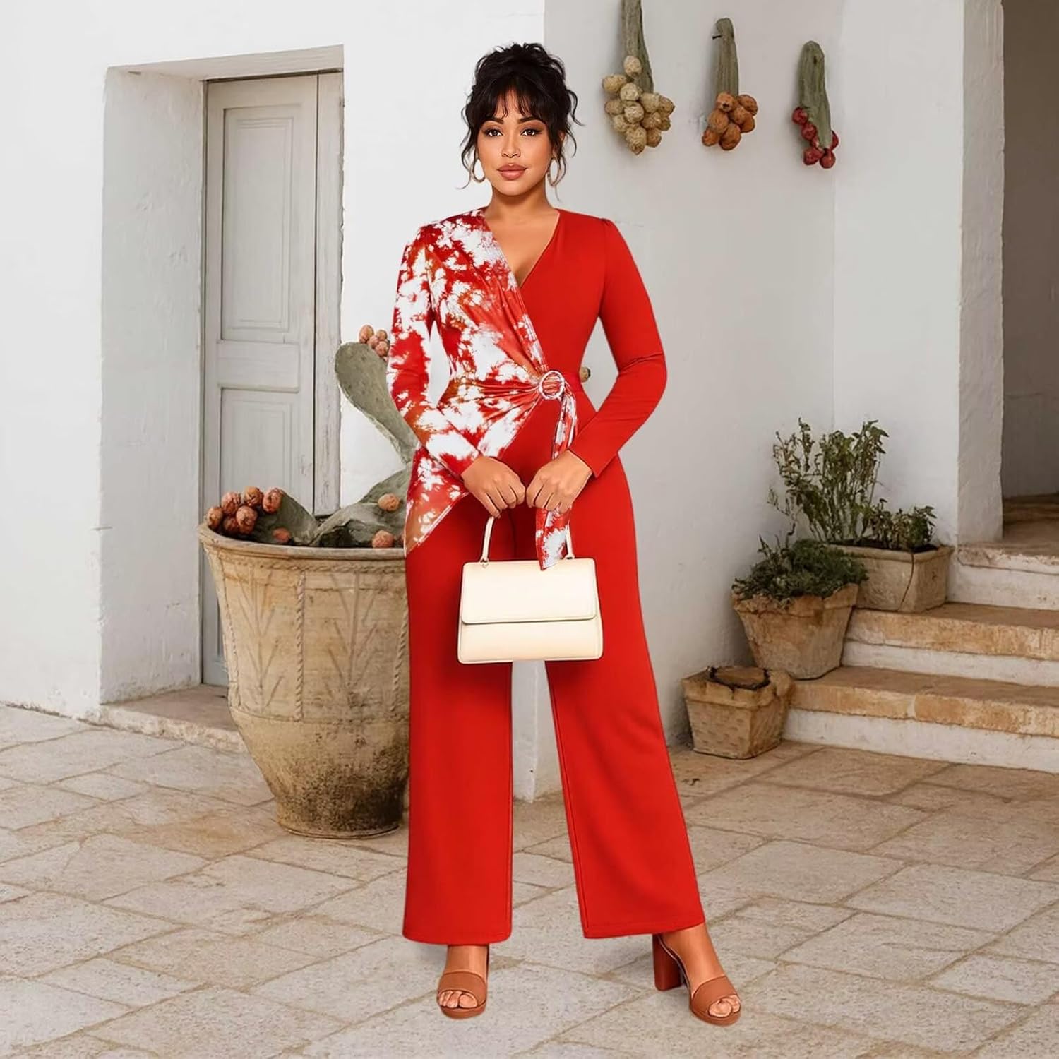 Wide Leg Jumpsuits for Women Dressy Long Sleeve Wrap V Neck Floral Print Jumpsuit Romper with Pockets - Image 5