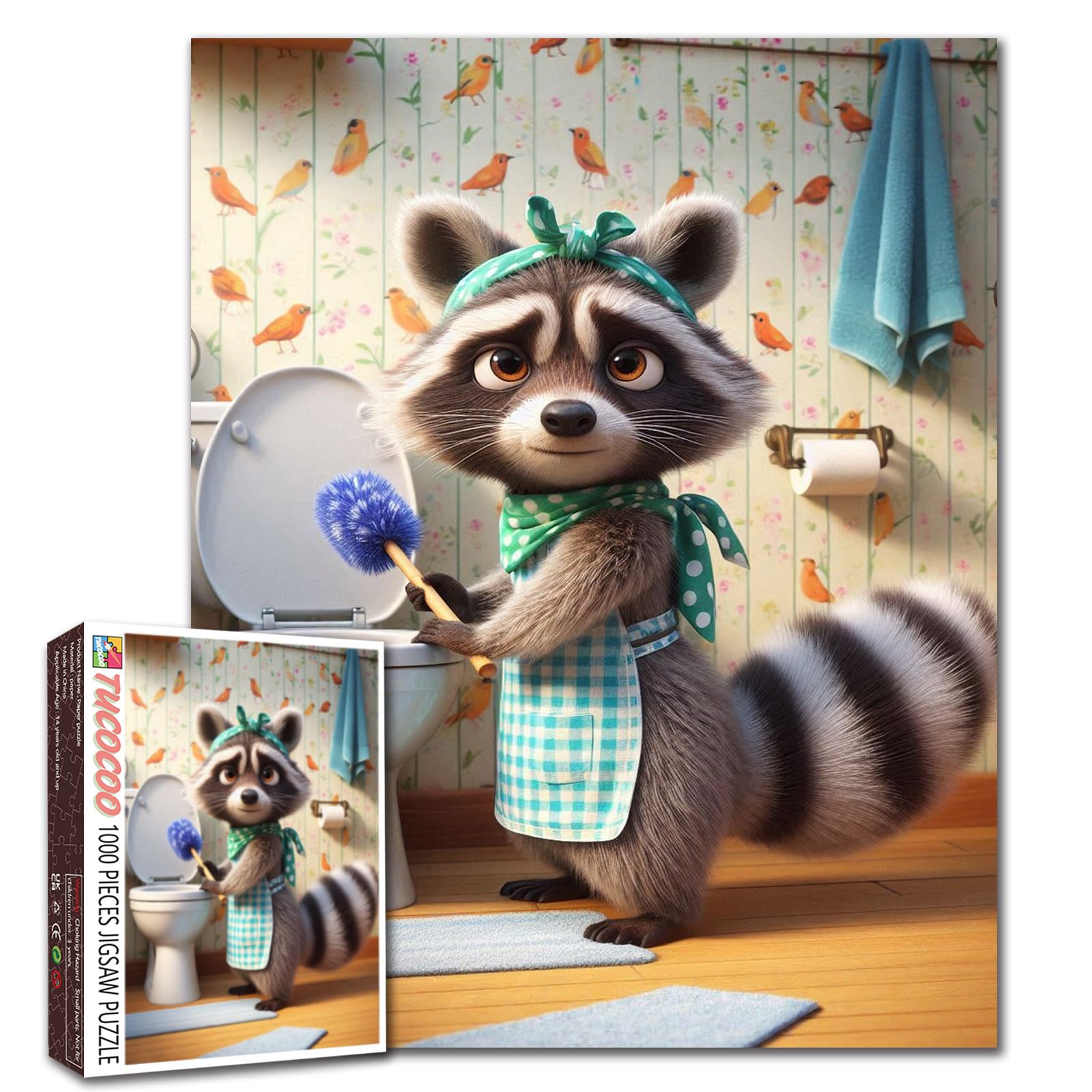 Adorable Raccoon Toilet Puzzle 1000 Piece Woodland Animal Art Puzzles for Adults Cute Raccoon Bathroom Cleaning Jigsaw Puzzle Stress Relief Family Activity Game Home Wall Decor Gift 19.7 x 27.6 Inch — image 1