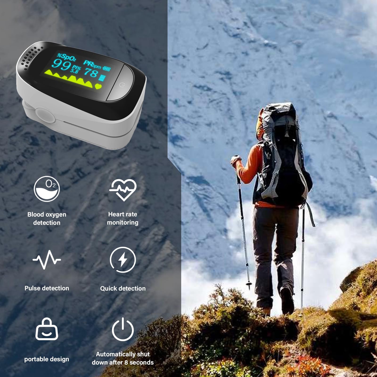 Pulse Oximeter, Oxygen Meter Finger Monitor, Home Heart Rate, Easy to Use, Low Power Consumption, Easy to Carry, High-Grade Shape, with Accessories — view 2