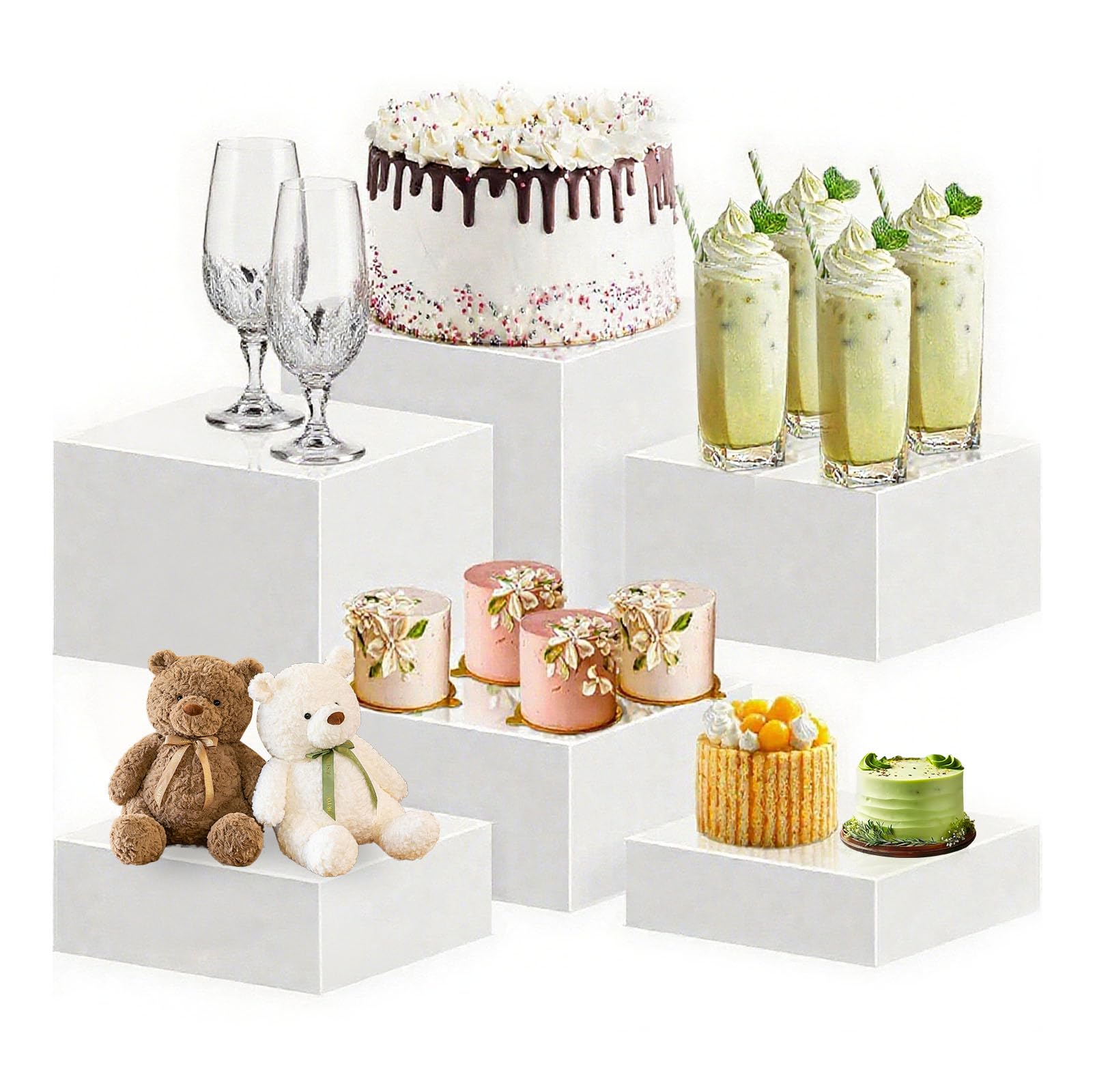 6Pcs Espositore Buffet Aperitivo con Fondo Cavo 3/4/5/6/7/8in, Supporti Cubico Plastica Dessert, Alzate Buffet Acrilico Bianco, Supporto Annidabile, Porta per Torte, Oggetti da Collezione, Gioielli