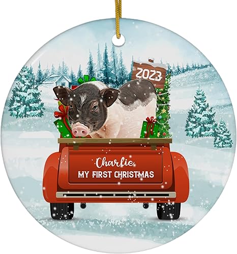Miniatura 1 de Sillín de bienvenida de invierno, mini cerdo, adornos de Navidad 2023, círculo de cerámica blanca con nombre personalizado, regalos para dueños de