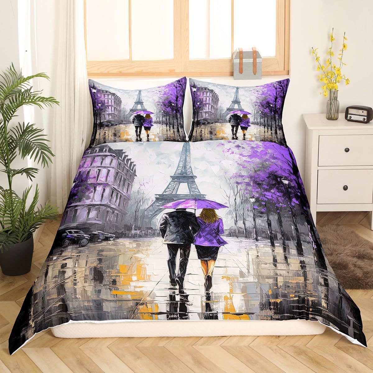 jejeloiu Eiffel Tower Bedding Set Full Size Couple Romantic Paris Comforter Cover Set for Girls Women Lover Valentine's Day Duvet Cover Purple France Trip Bedspread Cover Room Decor Quilt Cover image 3