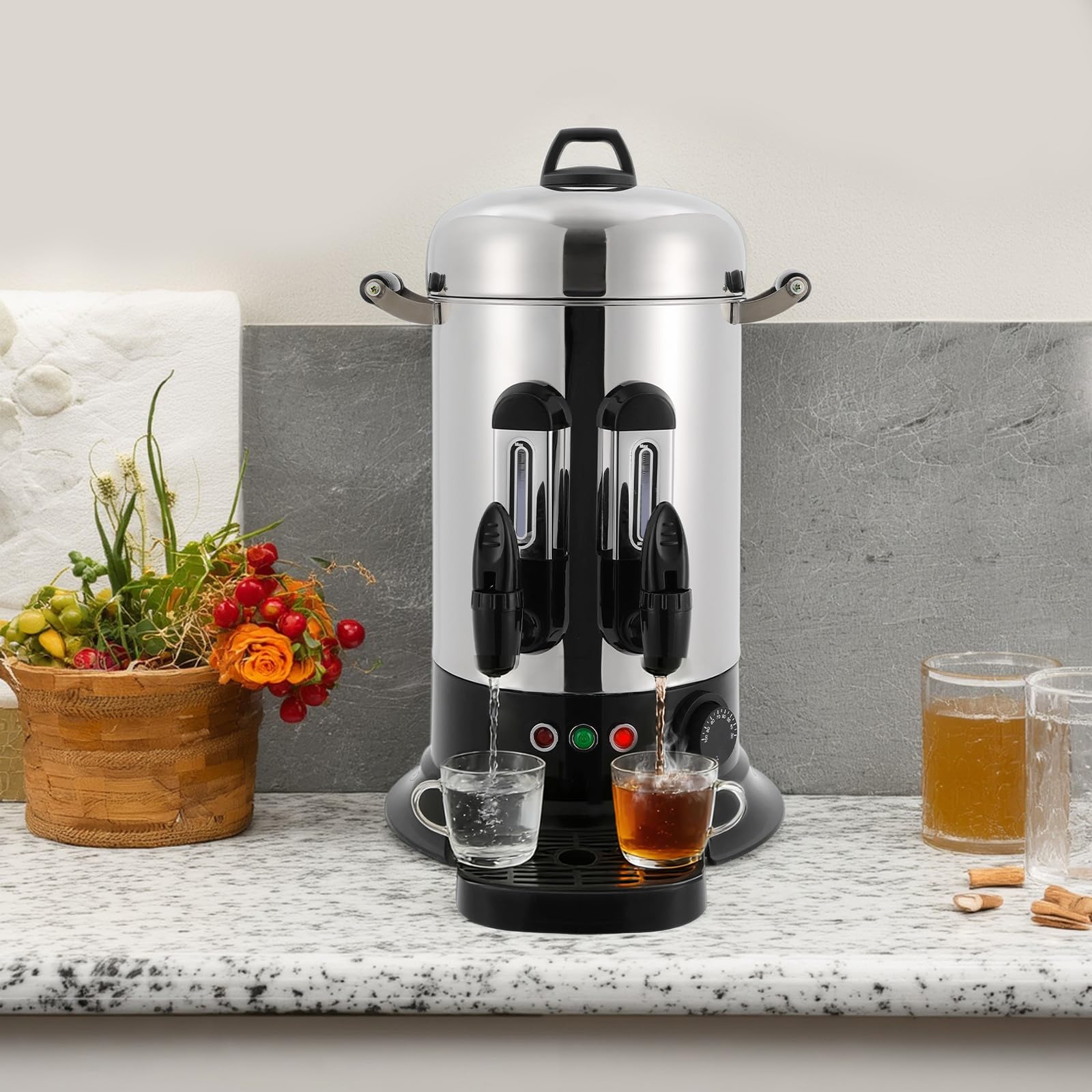 Urna da caffè commerciale da 8 l, in acciaio inox 201, 50 tazze, con percolatore, macchina da caffè a doppia parete in acciaio inox con controllo della temperatura regolabile e mantenimento al caldo