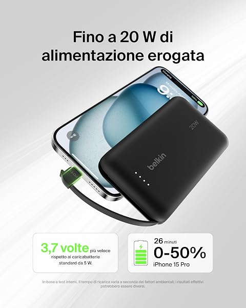 Belkin BoostCharge power bank 10 000 mAh con cavo integrato 20 W PD, caricatore portatile, ricarica USB-C PD rapida, power bank con ricarica rapida per iPhone 16 Series, iPad Pro, Galaxy S24 e altri - 2