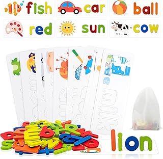 TRUEIN Spelling Games for 1 2 3 Year Olds Kids, Matching Letter Alphabet Puzzle Game with 28 Flash Cards and 52 Wooden Letters Blocks, See Spelling Words Learning Toy, Educational Gift for Girls Boys