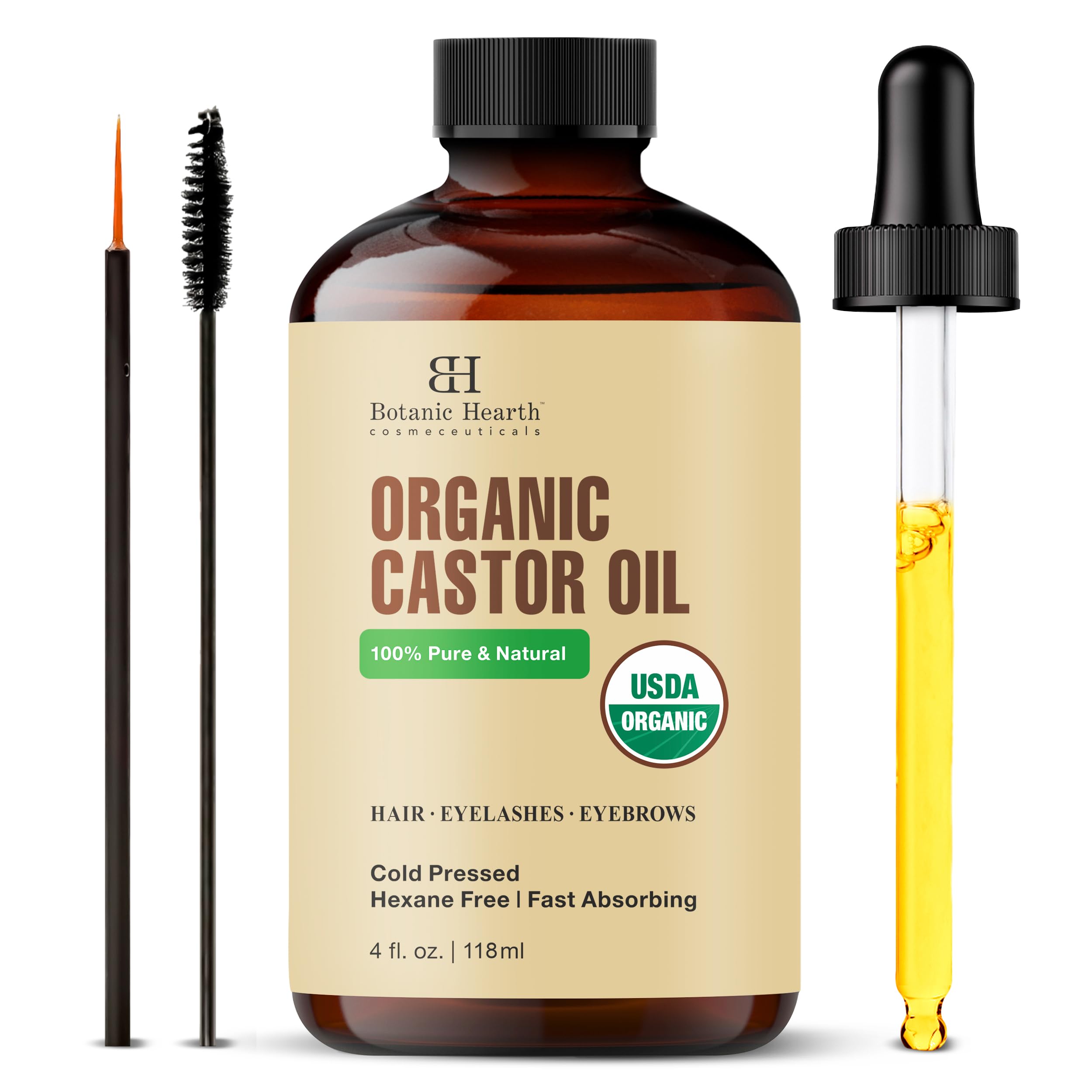 Botanic Hearth Castor Oil | USDA Certified Organic |100% Pure & Hexane Free | Cold Pressed | Growth for Eyelashes, Eyebrows, Hair | With Eyebrow & Eyelash Brush | 4fl oz