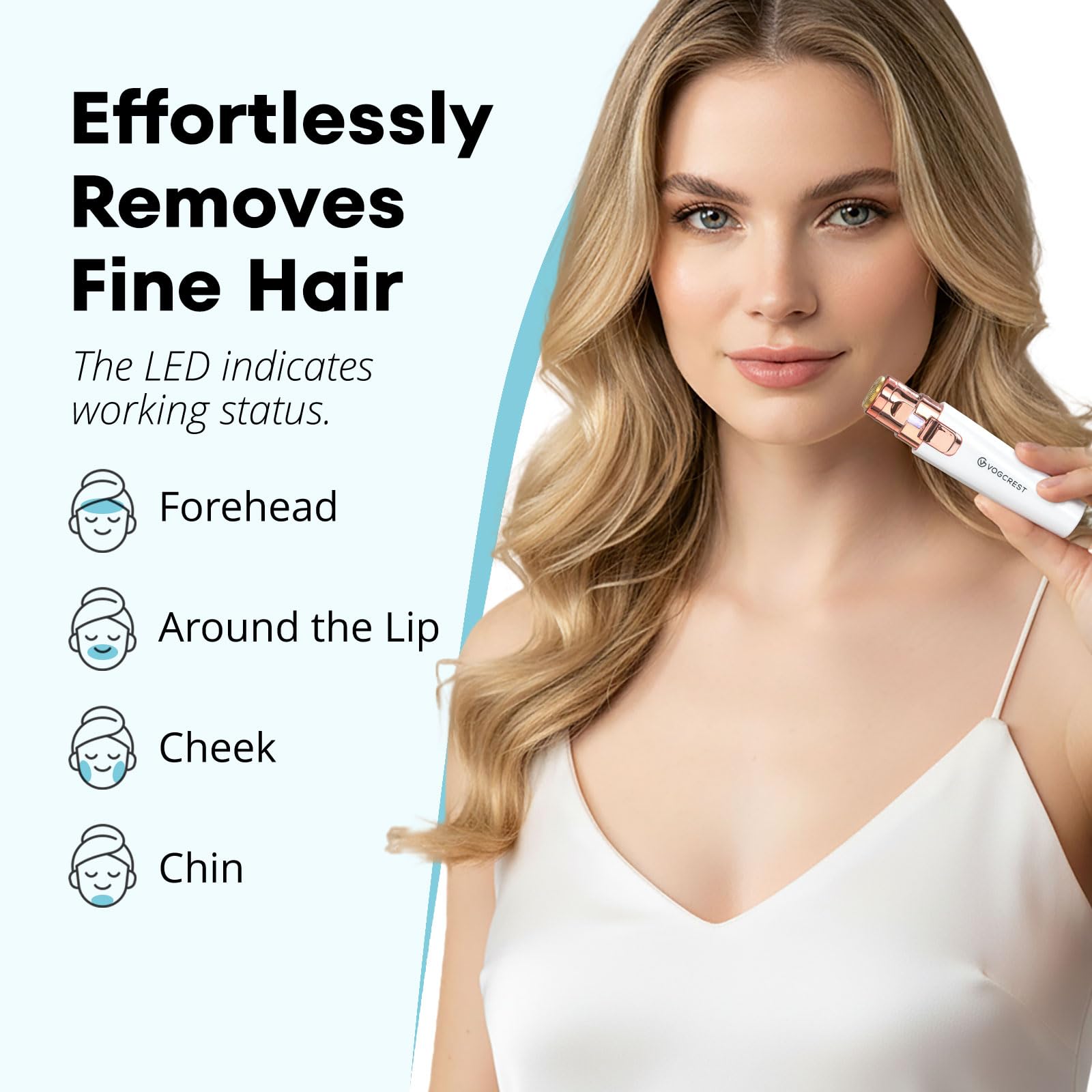 VG VOGCREST Recortadora facial de cejas: depilación facial recargable 2 en 1 y afeitadora de cejas, afeitadora facial sin dolor con luz LED integrada (blanco) — view 3