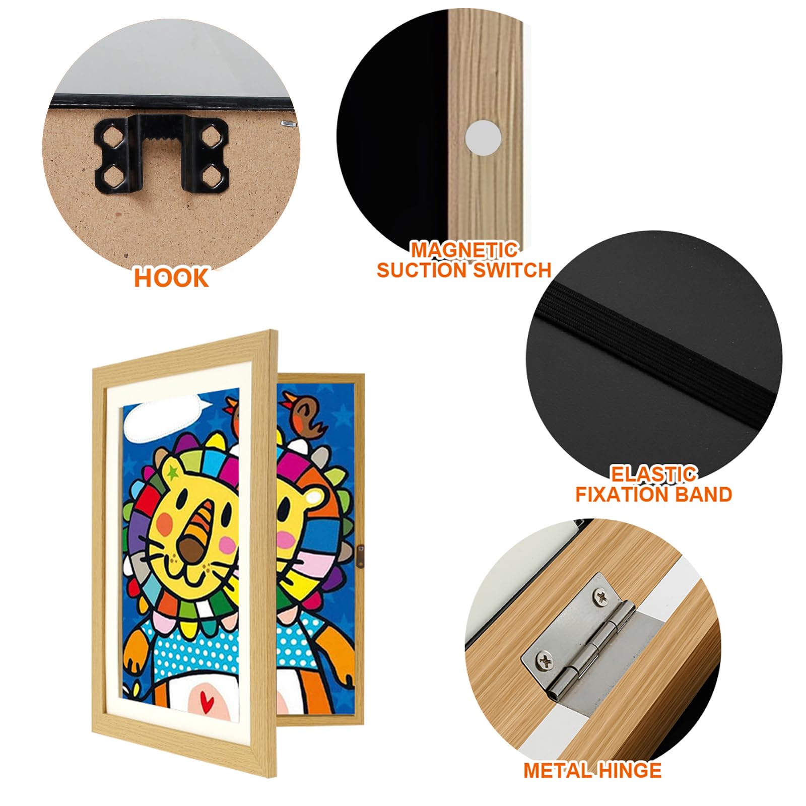 LAINIUTE Kids Art Frame, A4 Front Opening Picture Frames, Wooden Kids Artwork Display Frames Holds 100 Pictures, Changeable Picture Display for Crafts Drawing 3D Artwork (1, Wood Grain)