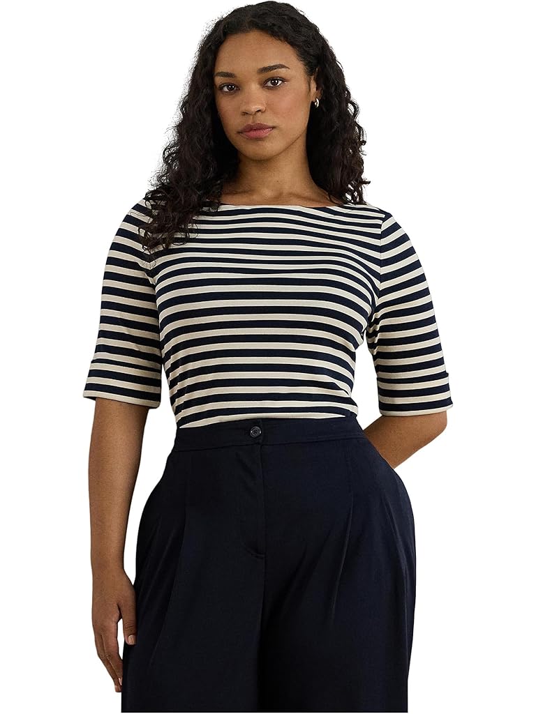 Navy Lauren Ralph Lauren Plus Size Striped Stretch Cotton Boatneck Tee