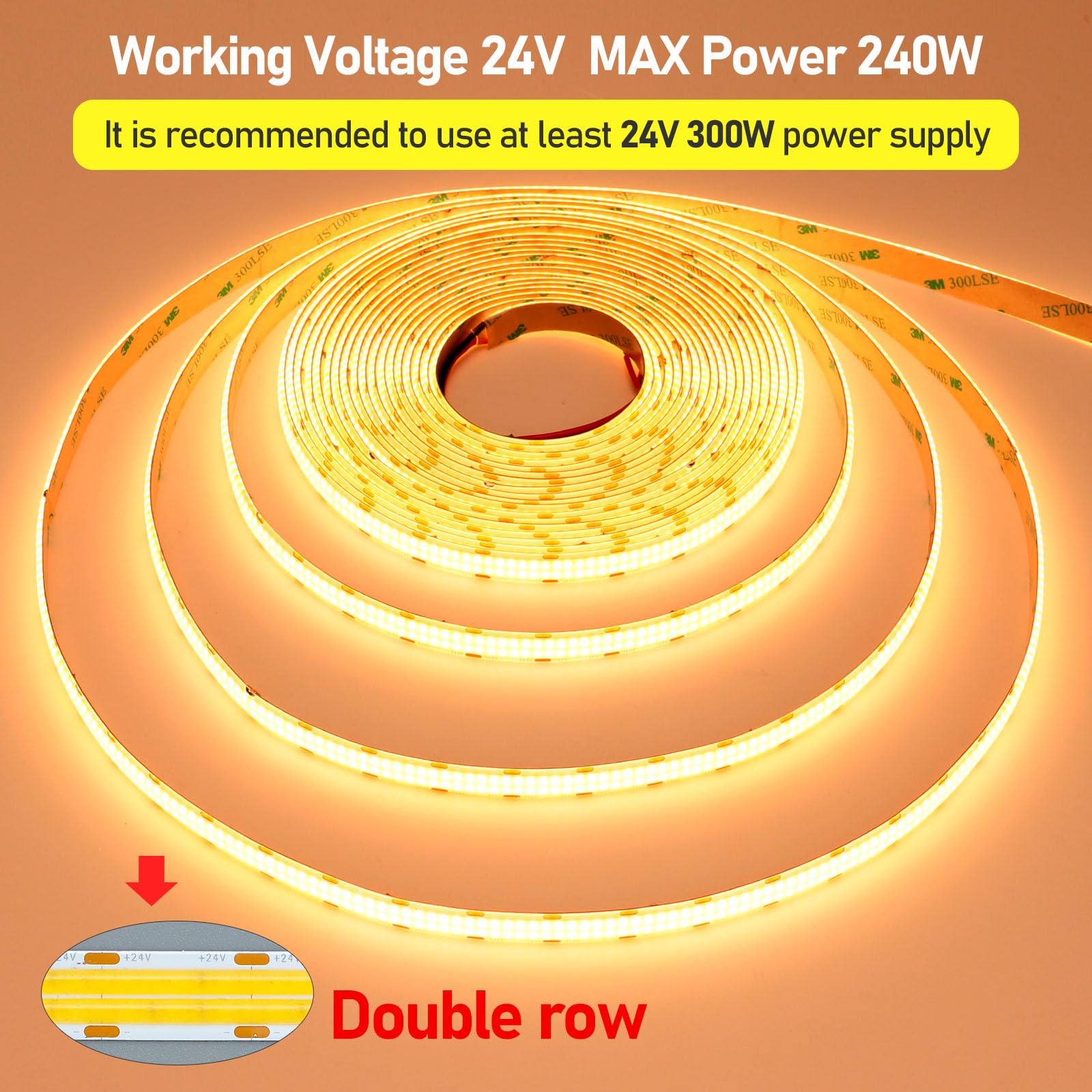 GOMING Podwójny Rząd Taśma LED COB 24V 10M Ciepła Biel 3000K CRI 93+ 24W/M