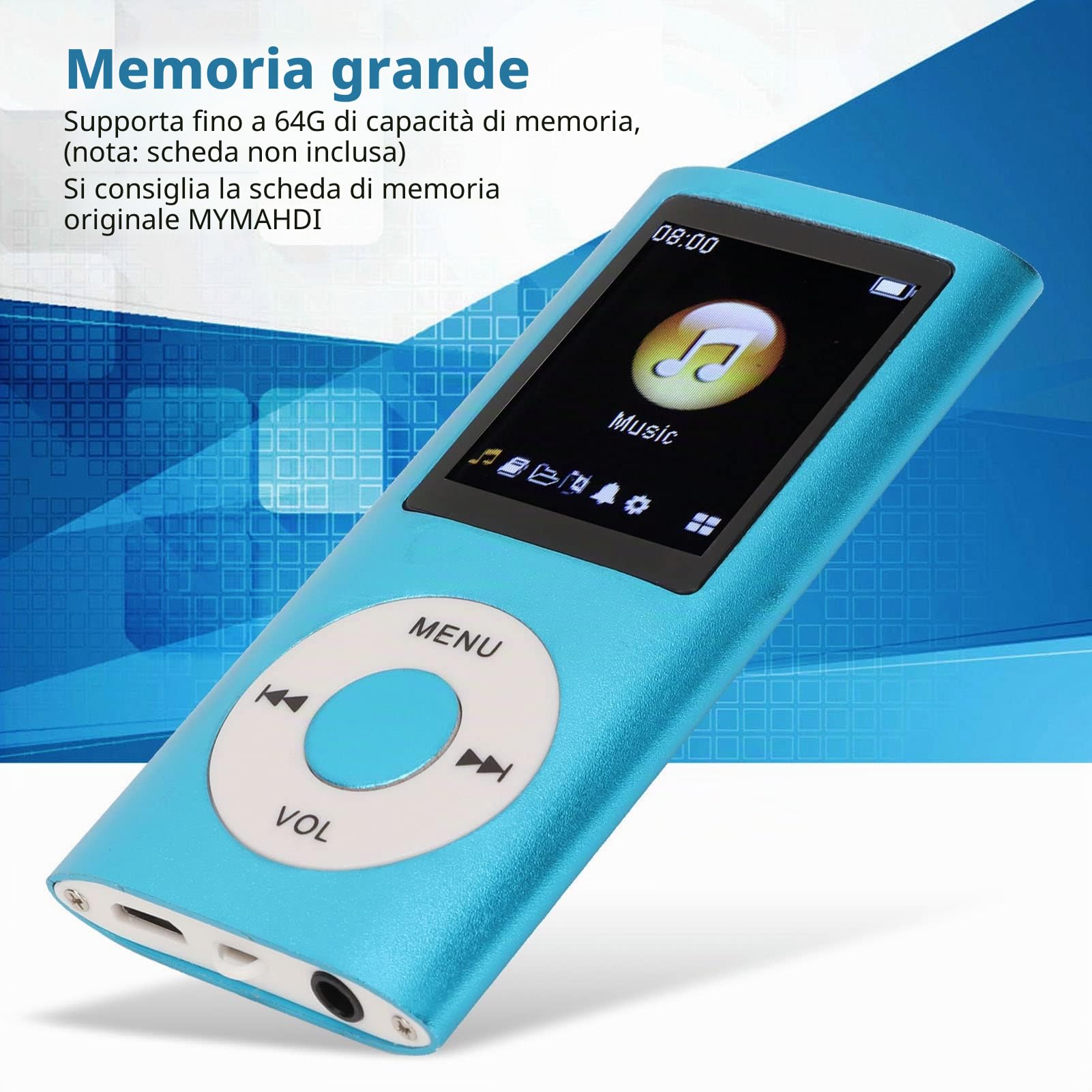 Lettore MP3 Digitale, Compatto e Portatile, Supporta 64 GB di Memoria di Archiviazione, 8 Ore di Standby Lungo, Lega di Alluminio, per Studenti, per Regali per Bambini (Blu)