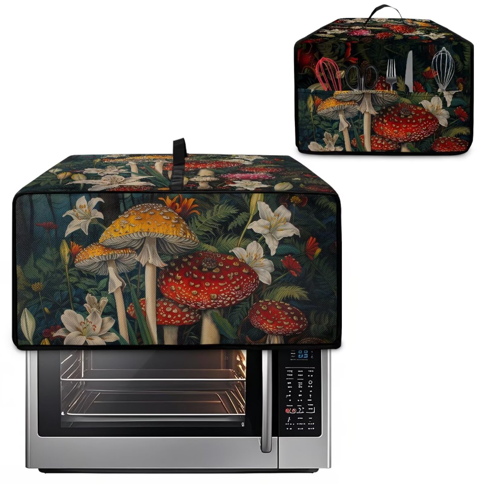 Fipuivrn Mushroom Lily Pattern Toaster Oven Cover, Foldable Toaster Oven Protector with Reinforcement Handle Washable Kitchen Appliance Cover for Home Family, 18.5