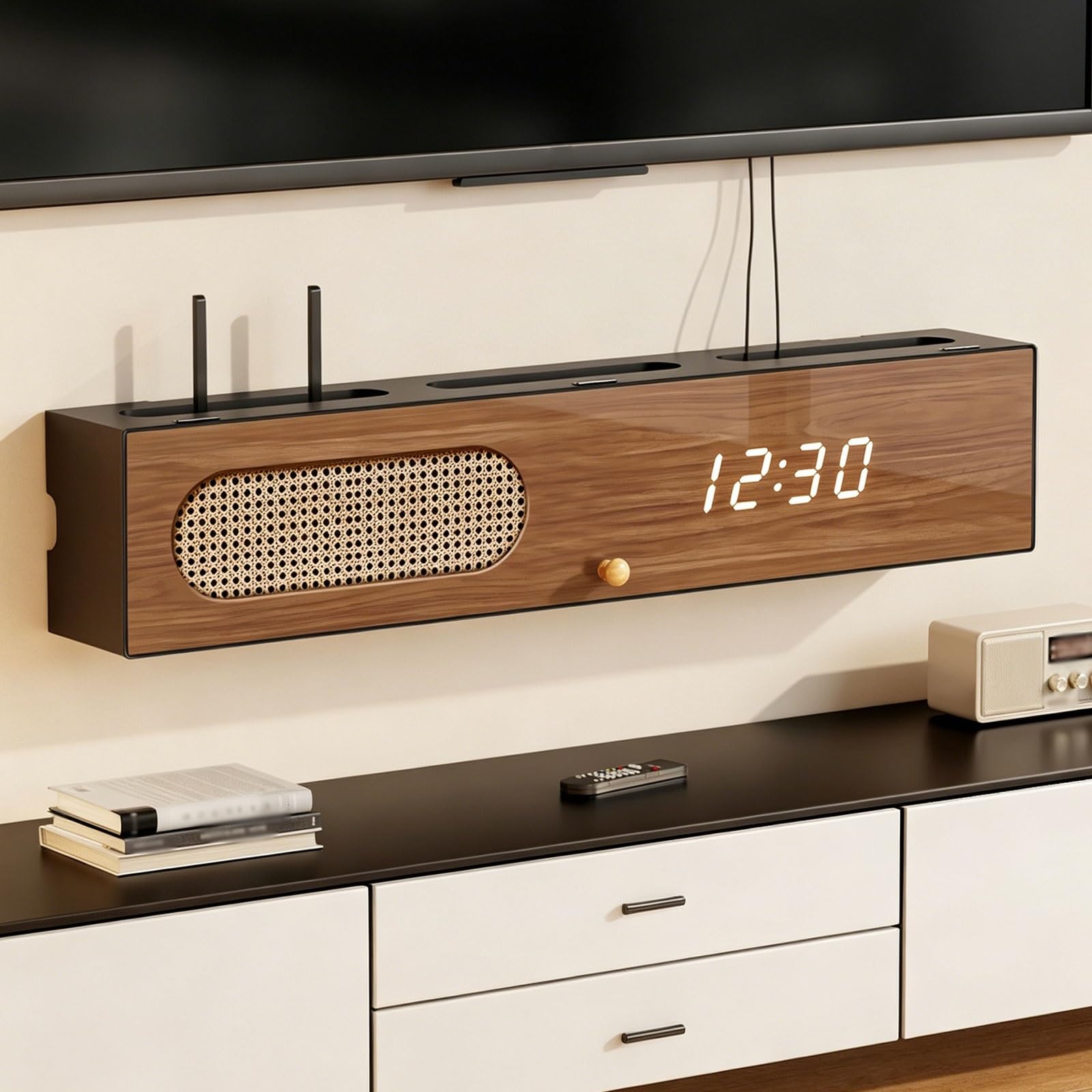 Meuble rangement multimédia pour cacher les câbles et le routeur