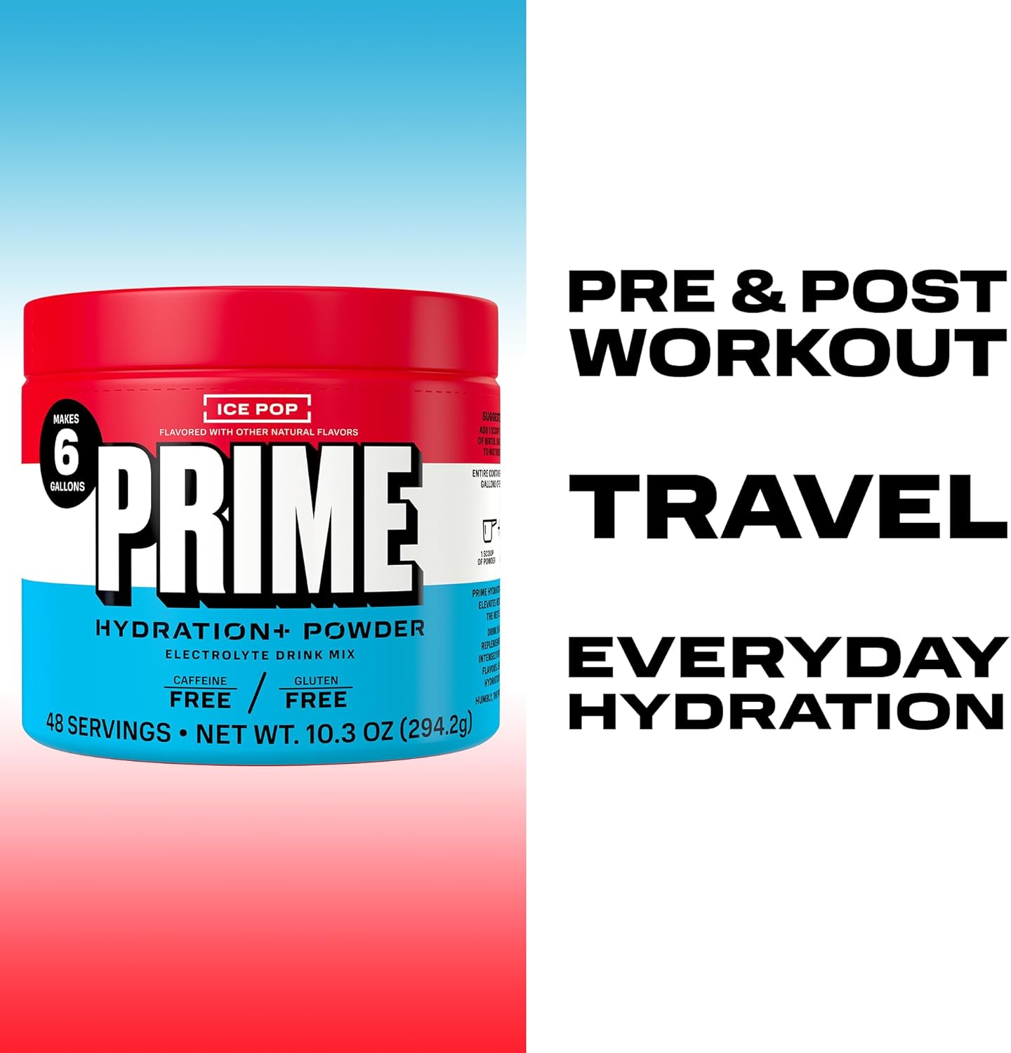 PRIME HYDRATION+ Electrolyte Powder, Ice Pop, Sugar Free Hydration Drink Mix with Potassium, Magnesium & B Vitamins to Replenish Fluids, Caffeine Free, 6 Gallon Tub, 48 SRV