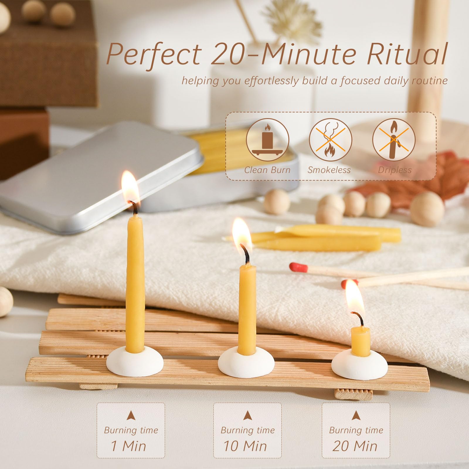 Velas de cera de abeja 100% pura de 20 minutos, mini velas cónicas de meditación consciente, sin humo y sin goteo con soporte para yoga, oración, relajación (amarillo, paquete de 120)
