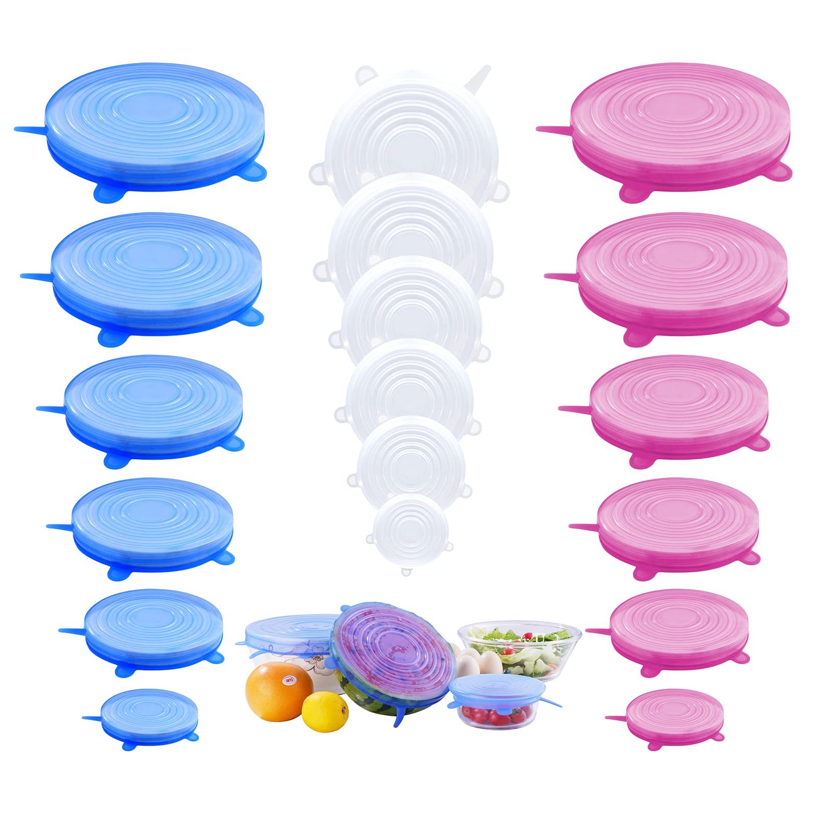 Jyabura Silicone Stretch Lids, 18 Pack Reusable Silicone Lids, Silicone Bowl Food Covers, 6 Sizes Freezer Container, Dishwasher & Freezer & Microwave Safe