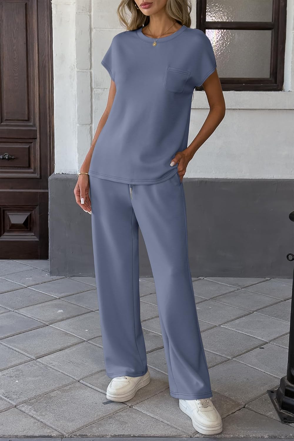 ATHMILE Two Piece Sets for Women Casual Summer Travel Outfits Cap Sleeve Vacation Cap Sleeve Wide Leg Pants Lounge Set - Image 4