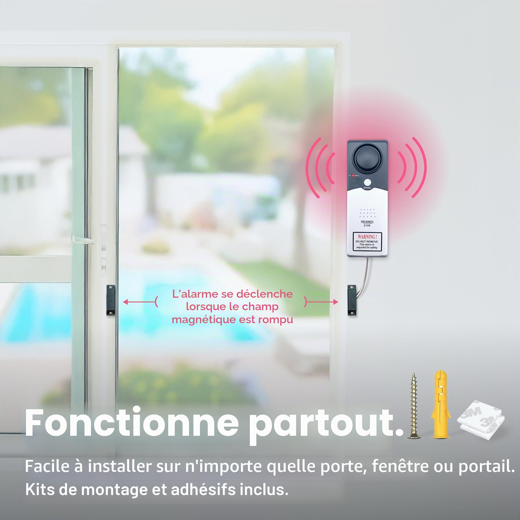 Techko S189 Alarme de piscine ultra fine et sûre pour enfants, conforme à la norme ETL UL 2017, résistante aux intempéries, alarme puissante de 110 dB avec 2 boutons de dérivation, gris, 1 pièce