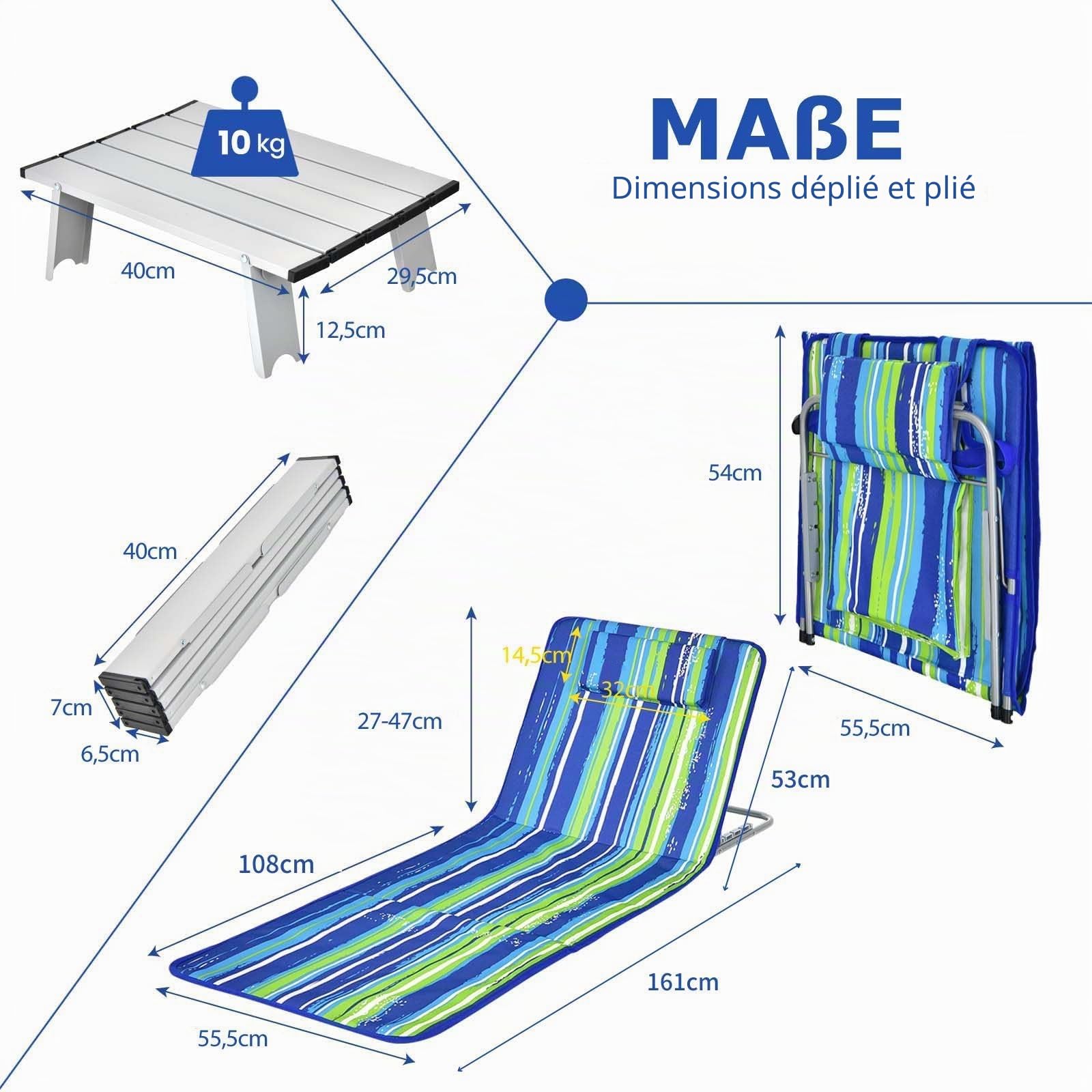 FANTASK Lot de 2 Tapis de Plage avec Table d'appoint, Oreiller et Compartiment de Rangement, Tapis de Couchage avec Dossier réglable, Chaise Longue pour la Plage (Vert)