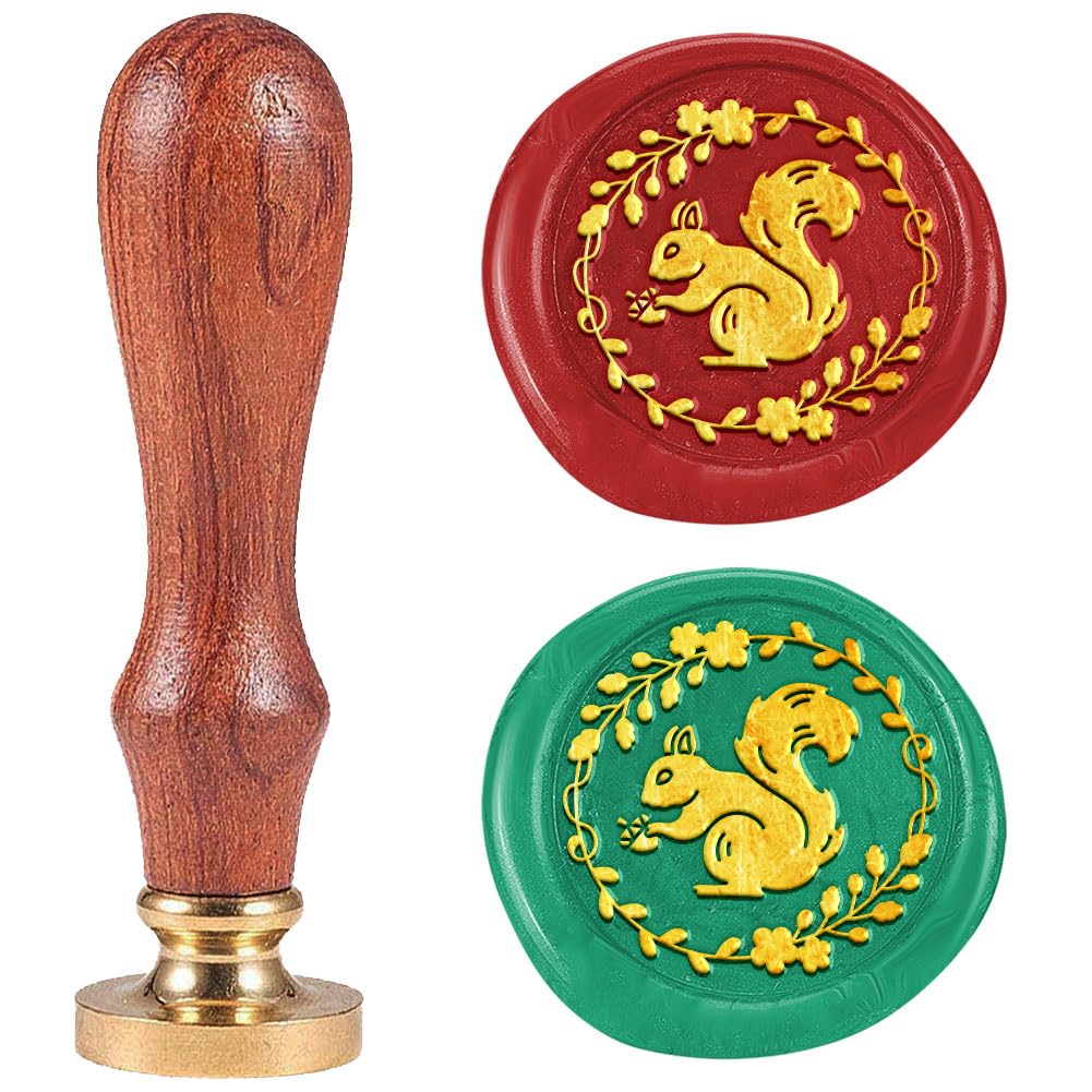 DELORIGIN Garland Squirrel Wax Seal Stamp1" Removable Brass Seal Head with Wooden Handle Vintage Embossed Letter Sealing Wax Stamp for Invitations Party Envelope Festival Gift Packag Decorate