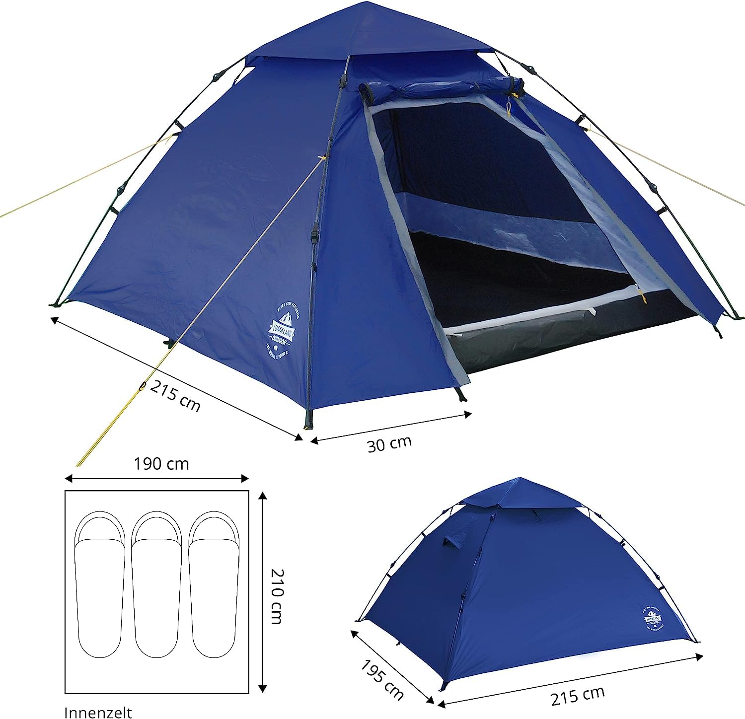 Lumaland Campeggio Tenda | 2-3 Persone Tenda a Cupola 215x195x120 cm | Tenda a Igloo | Trekking all'aperto & Festival Tenda da Lancio | Facile, Impermeabile & Robusto | Costruzione Semplice [Blu]
