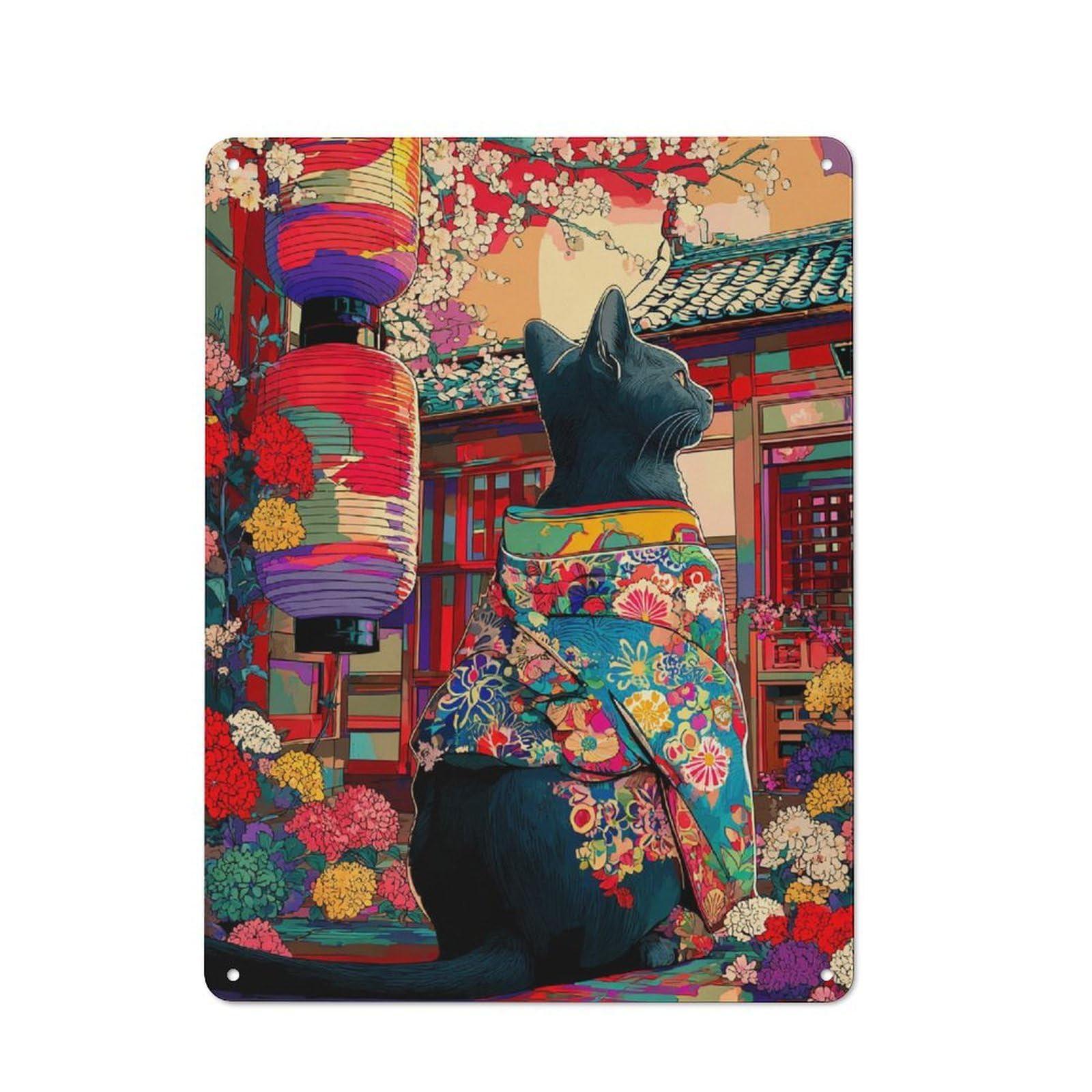 Junmoney Colorful Cat In Traditional Outfit Simple Retro Metal Wall Plaque 40X30cm, Creative Space Decor For Office, Study, Studio Or Hallway