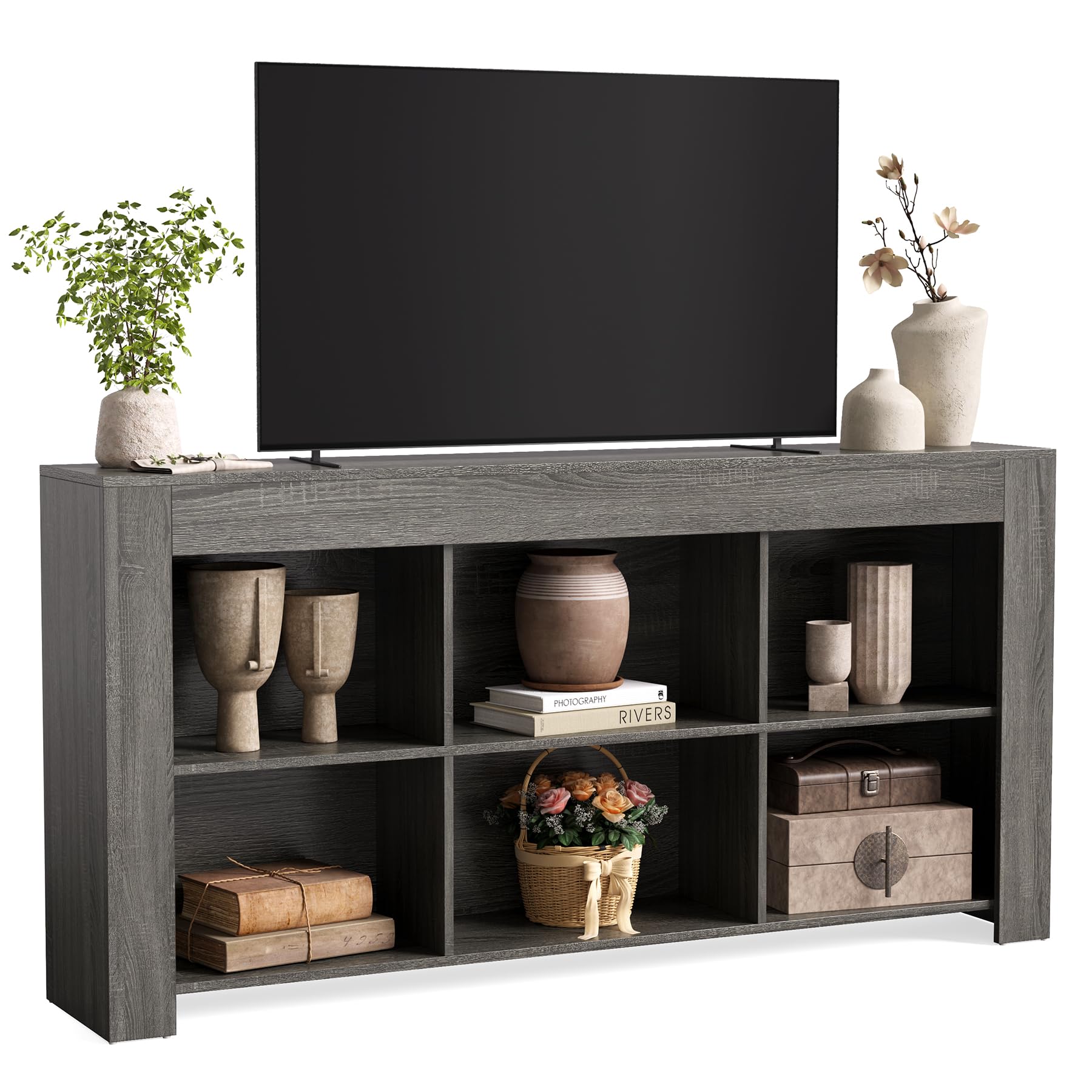 Photo 1 of LITTLE TREE TV Stand with Storage, 63-Inch Entertainment Center with Shelves, Modern Media Console for Television up to 65" for Living Room, Bedroom, Grey + Black