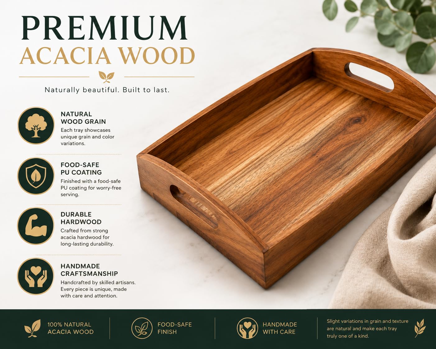 Vassoio da portata in legno di acacia, 40,6 cm, con rivestimento in poliuretano naturale per alimenti, marrone