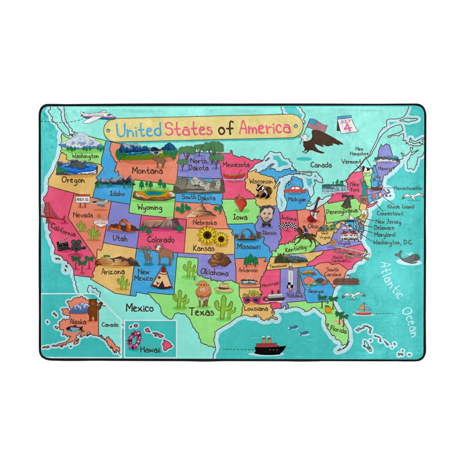 One Bear Game Time Collection USA United States Map Educational Learning & Game Area Rug Carpet for Kids and Children Bedrooms and Playroom 2' x 3'(24 x 36 inch)