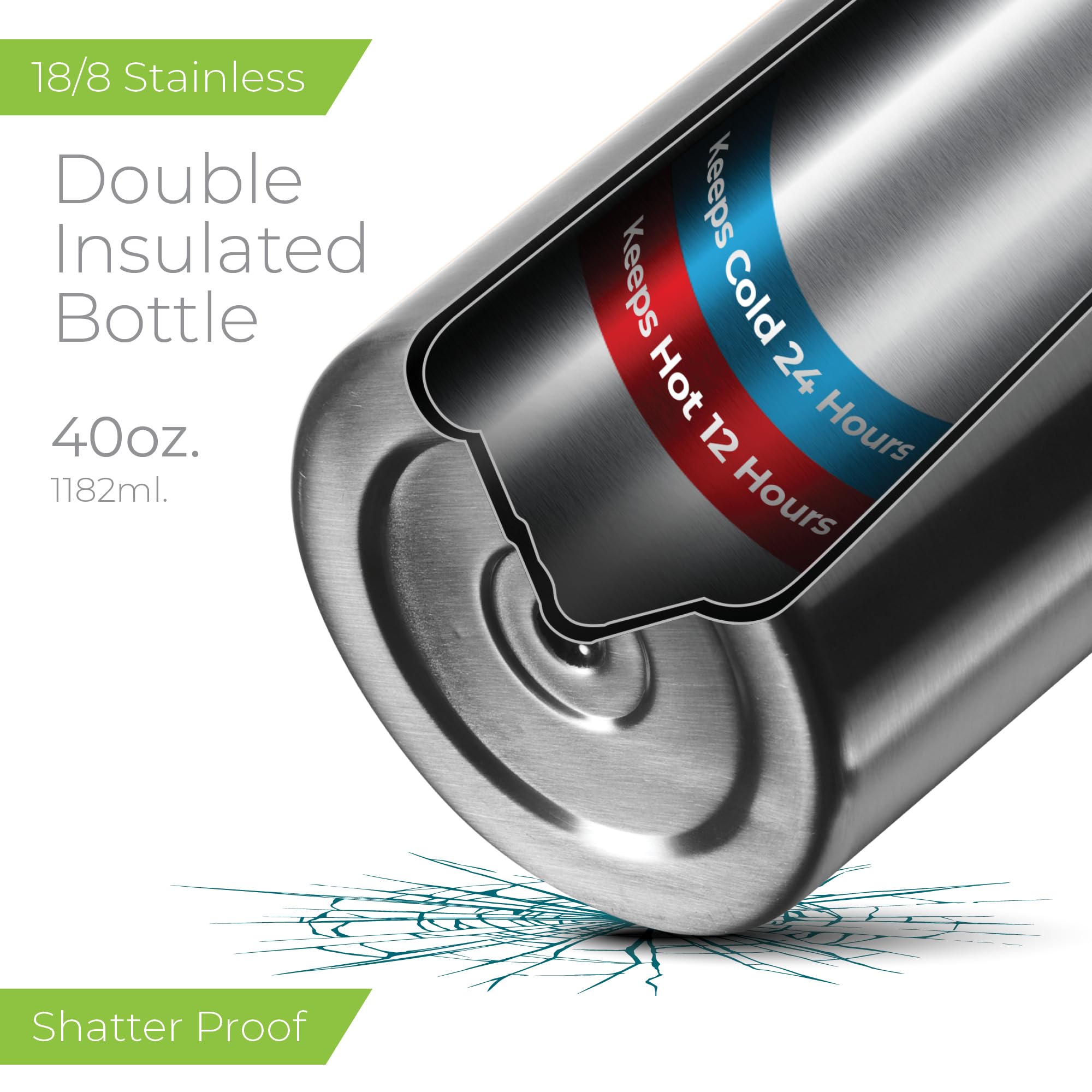 SipX™ 3-fach isolierte Edelstahl Trinkflasche 1,134.0 g mit 3 Deckeln, BPA-Frei, wiederverwendbare isolierte Wasserflasche hält 24 Stunden kalt, Metall-Wasserflasche aus nachhaltigem Material für