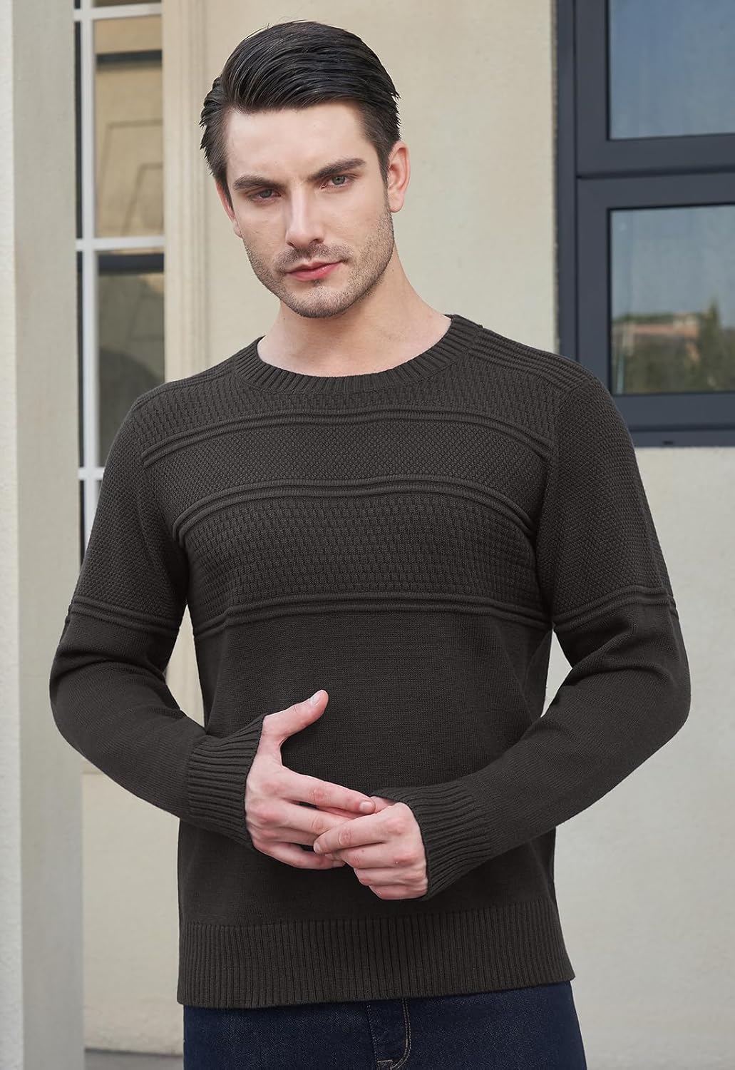 YTD Men's Crewneck Pullover Sweater Textured Knitted Sweaters Casual Loose Fit Sweaters with Ribbing Edge - Image 2