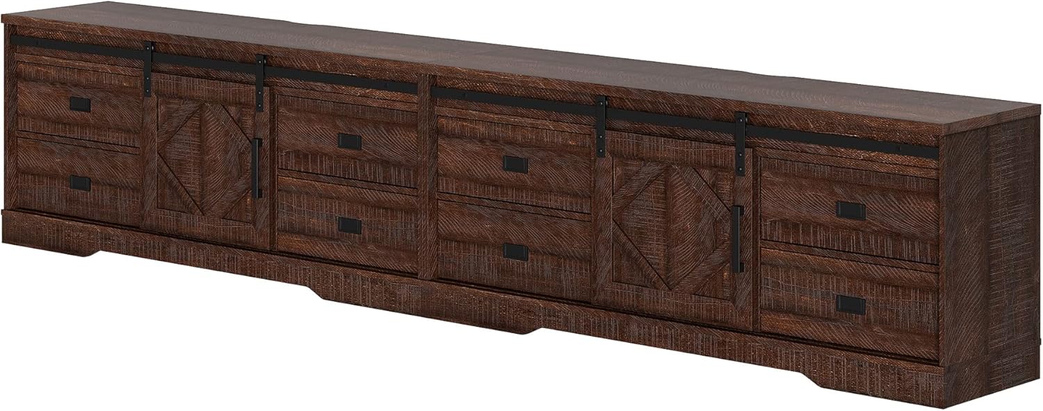 WAMPAT 118" Wide Modern Farmhouse 2 in 1 TV Stand for up to 130" TVs,Faux Bark Finish Wood Entertainment Center with 8 Drawers and Sliding Barn Doors for Living Room, Rustic Brown