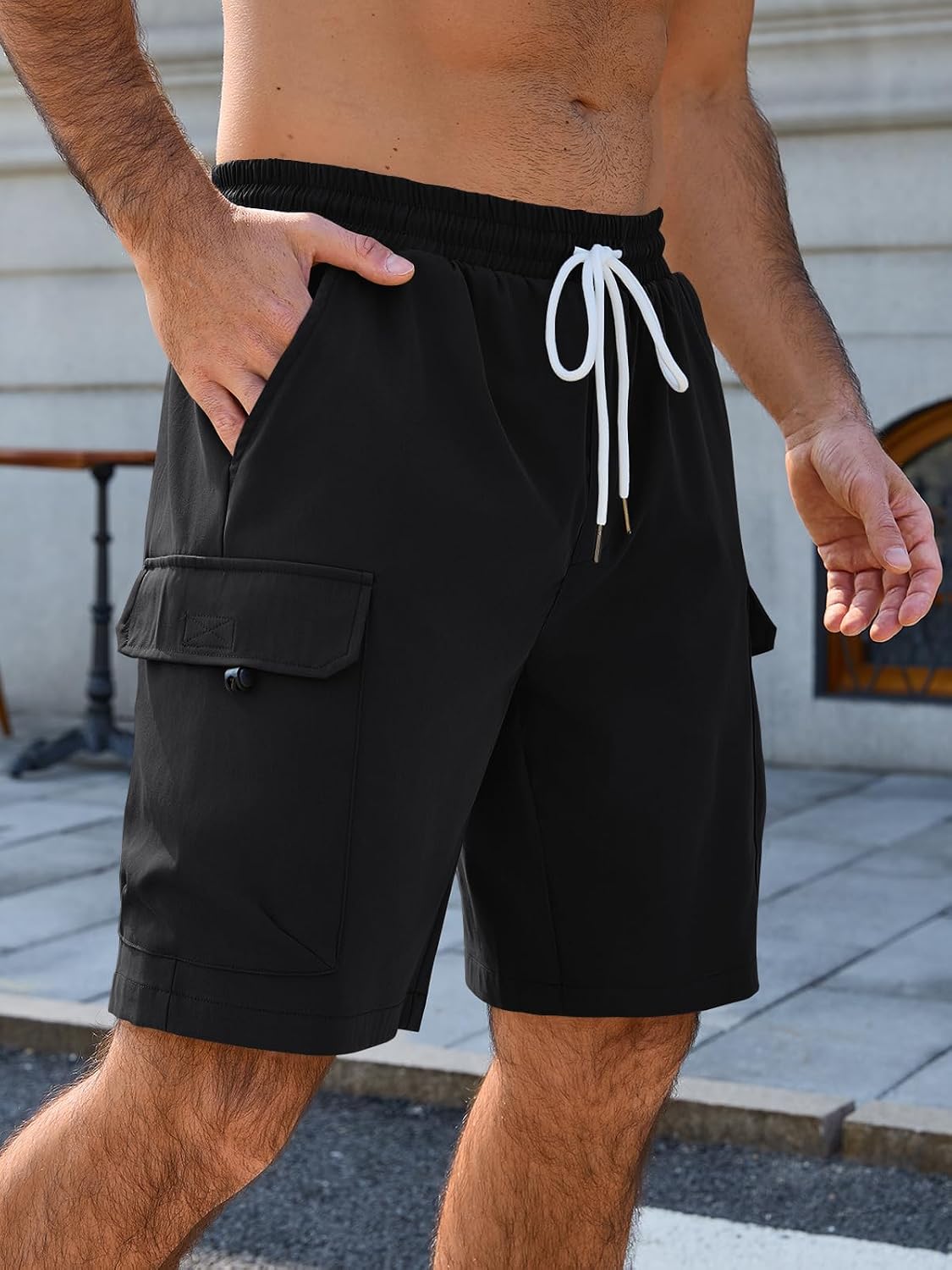 Runcati Mens Cargo Shorts Elastic Waist Drawstring Casual Work Shorts Summer Hiking Outdoor Shorts with 4 Pockets