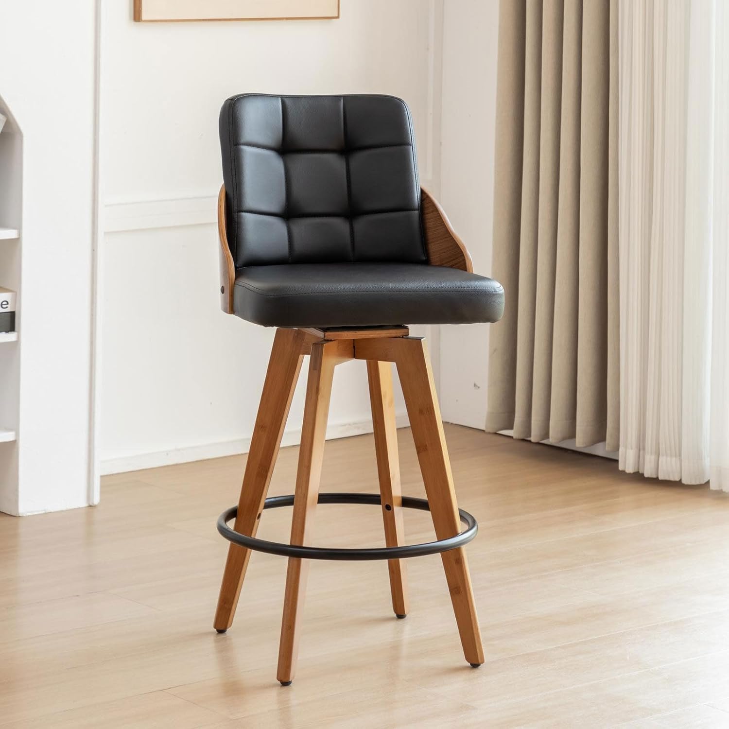 AQG Black Leather Bar Stools Counter Height Set of 2, 26 inch Swivel Barstools Mid Century Modern with Wood Legs, Bentwood Back, Upholstered Faux Leather, High Chairs for Island, Kitchen