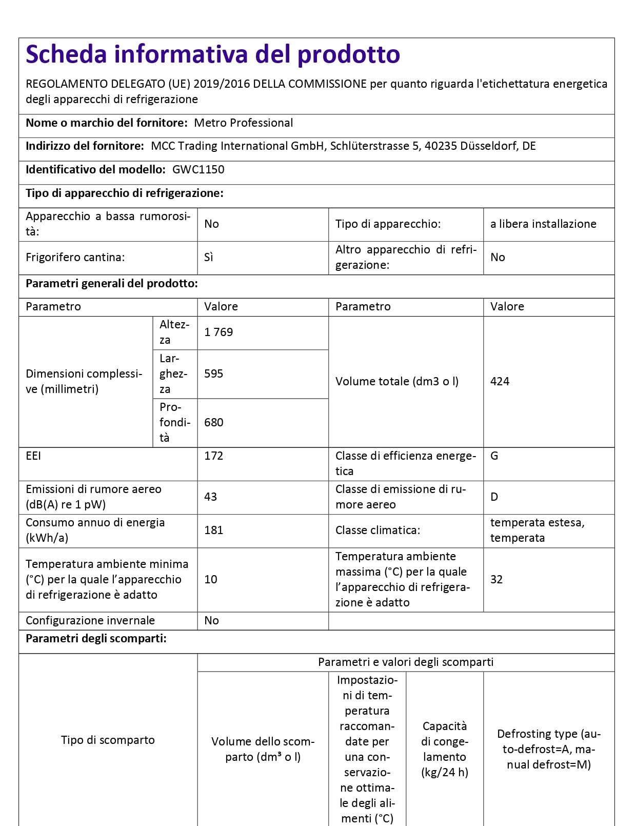 METRO Professional Cave à Vin GWC1150, Réfrigérateur Vins/Boissons, 424 L, 140 Bouteilles, Avec Serrure, Noir
