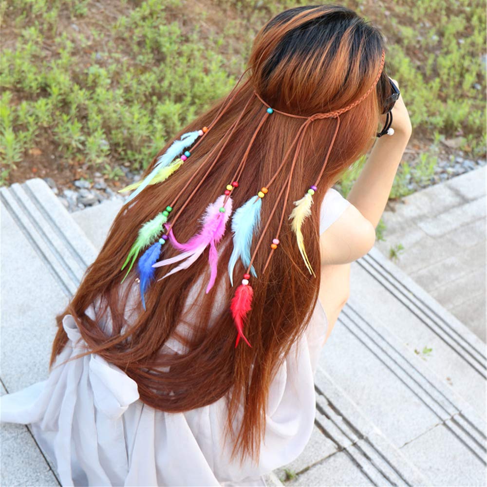 Feather Headband Hippie Indian Boho Hair Bands Tassel Bohemian Halloween Hair Hoop Women Crown Hairband Party Decoration Headdress Cosplay Costume Headwear Headpiece Cute Hair Accessories Orange