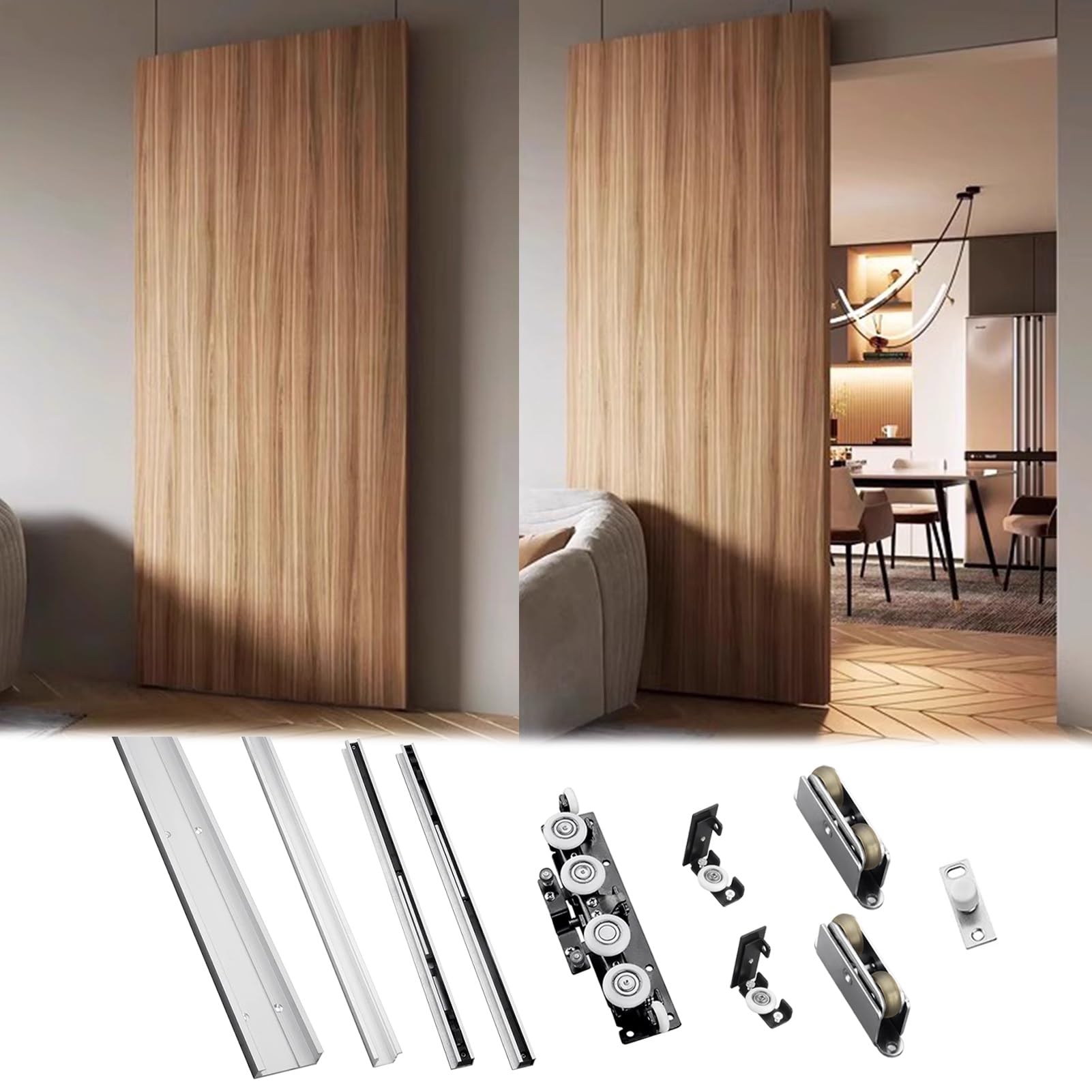 Vibeo Kit Puerta Corredera Oculta Herrajes Ocultos para Puertas de Granero con Montaje en Pared, Riel para Puerta Fantasma con Cierre Suave, Sistema de Puerta Corrediza de Madera(33in/85cm)