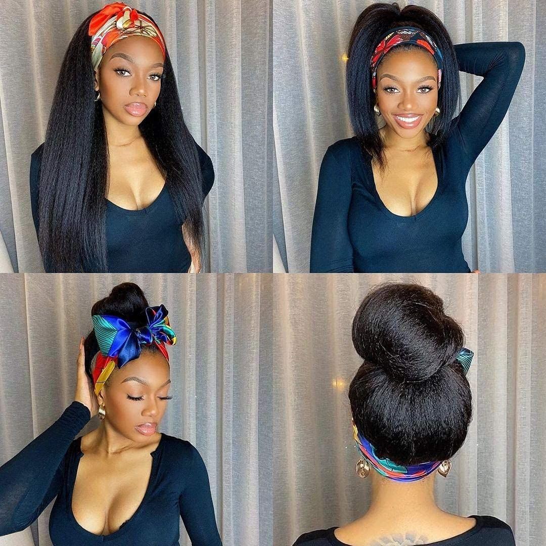 26 Inch Kinky Straight Headband Wig Human Hair 200% Density Yaki Straight Human Hair Headband Wig for Women Machine Made Wear and Go Wigs Headband Wig Natural Color