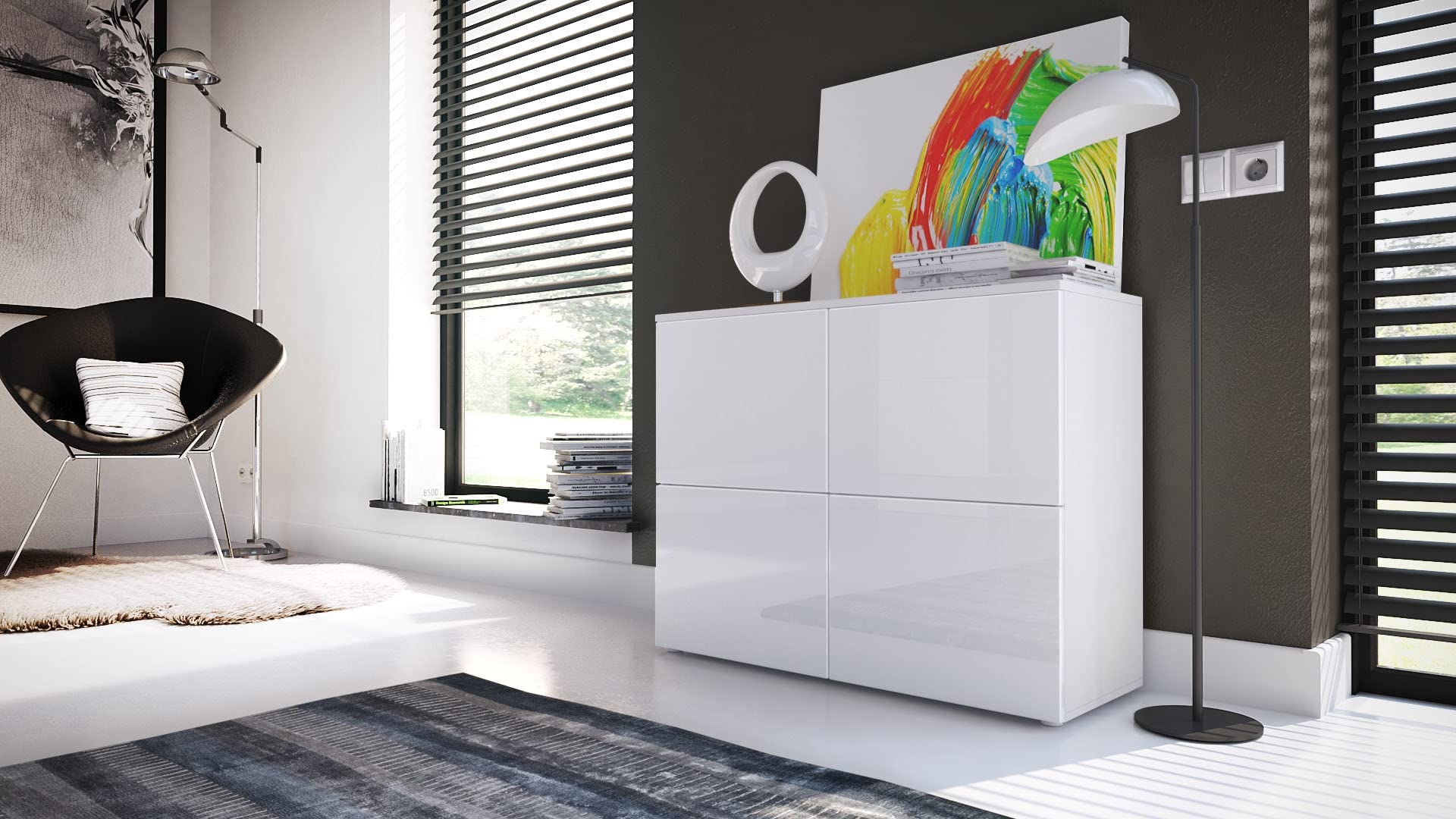 Vladon Sideboard Rova, Made in Germany, Kommode mit 4 Türen, Weiß matt/Weiß Hochglanz/Weiß Hochglanz (92 x 72 x 35 cm)