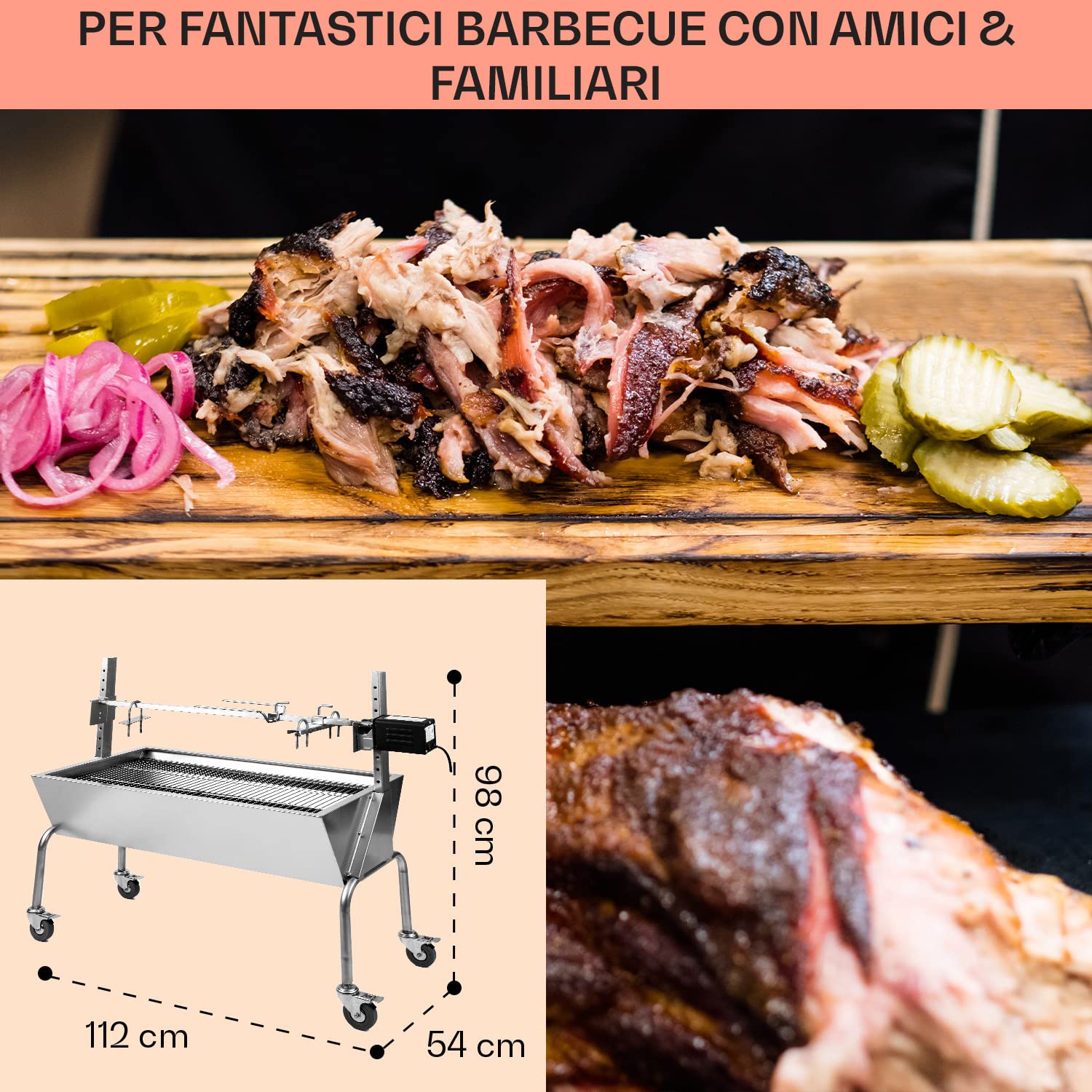 oneConcept 2-in-1 Kit Arrosto e Barbecue Elettrico Portatile, Barbecue Grill con Ruote e Posacenere, Barbecue con Griglia in Acciaio Inossidabile da Giardino, Barbecue da Terrazzo, Campeggio, Balcone