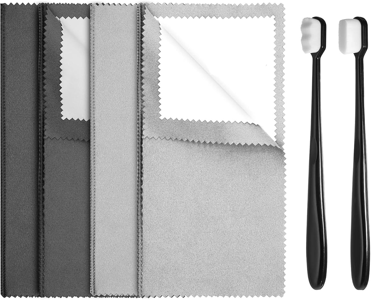 6pcs Silver Jewellery Cleaner Kit,Silver Polishing Cloth Jewelry, 4 Polishing Cloths & 2 PCS Ultra-Soft Brushes (Flat & Wave) for Cleaning Gold, Diamonds, Platinum, Gemstones, Coins