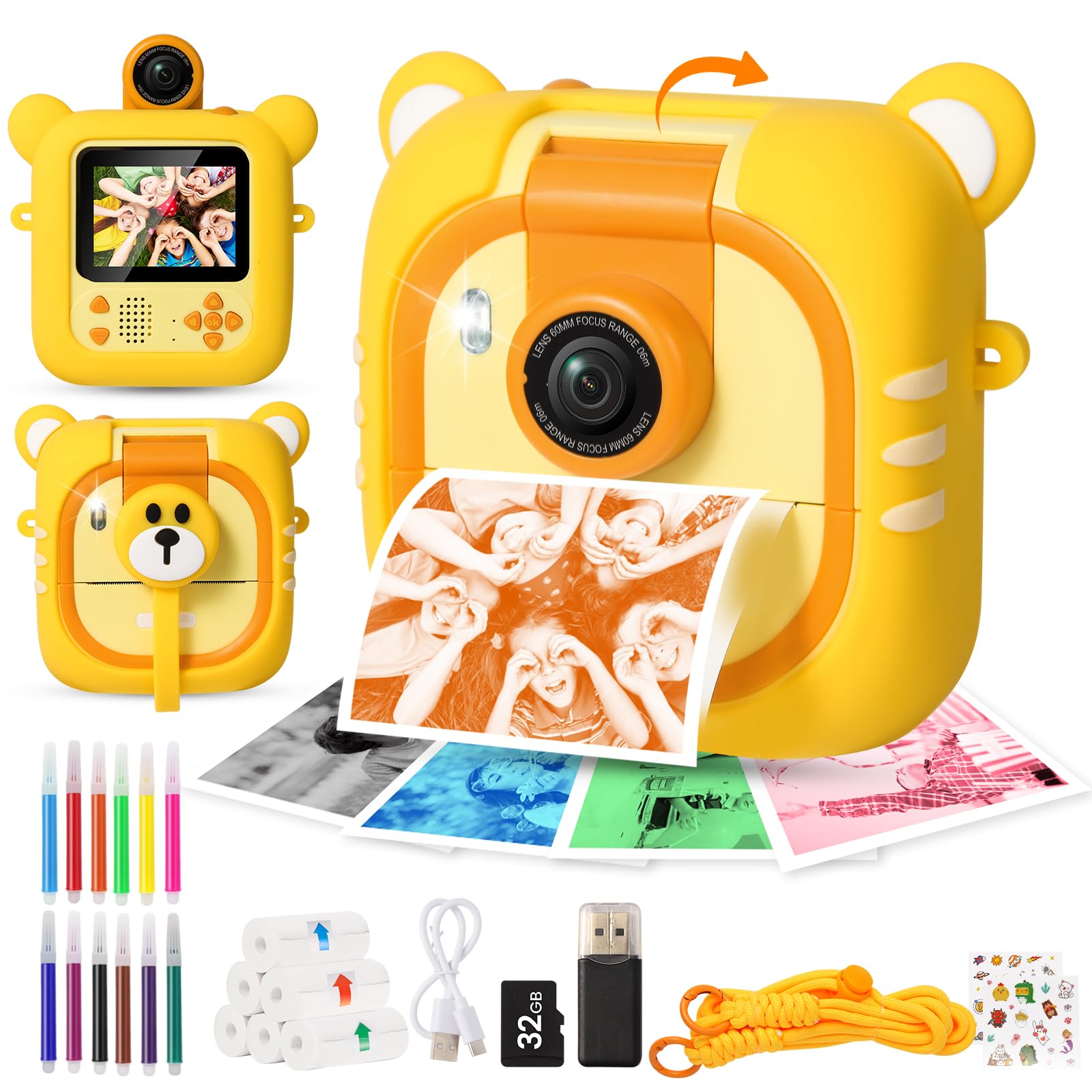 ARNSSIEN Macchina Fotografica Bambini Istantanea e 7 Rotoli Carta (4 Col: O/R/V/B+3 B&N)-2,4”Fotocamera istantanea con 32GB, 180 °Flip Obiettivo, Regalo di Natale e Compleanno per Bambini per 3-12,M2
